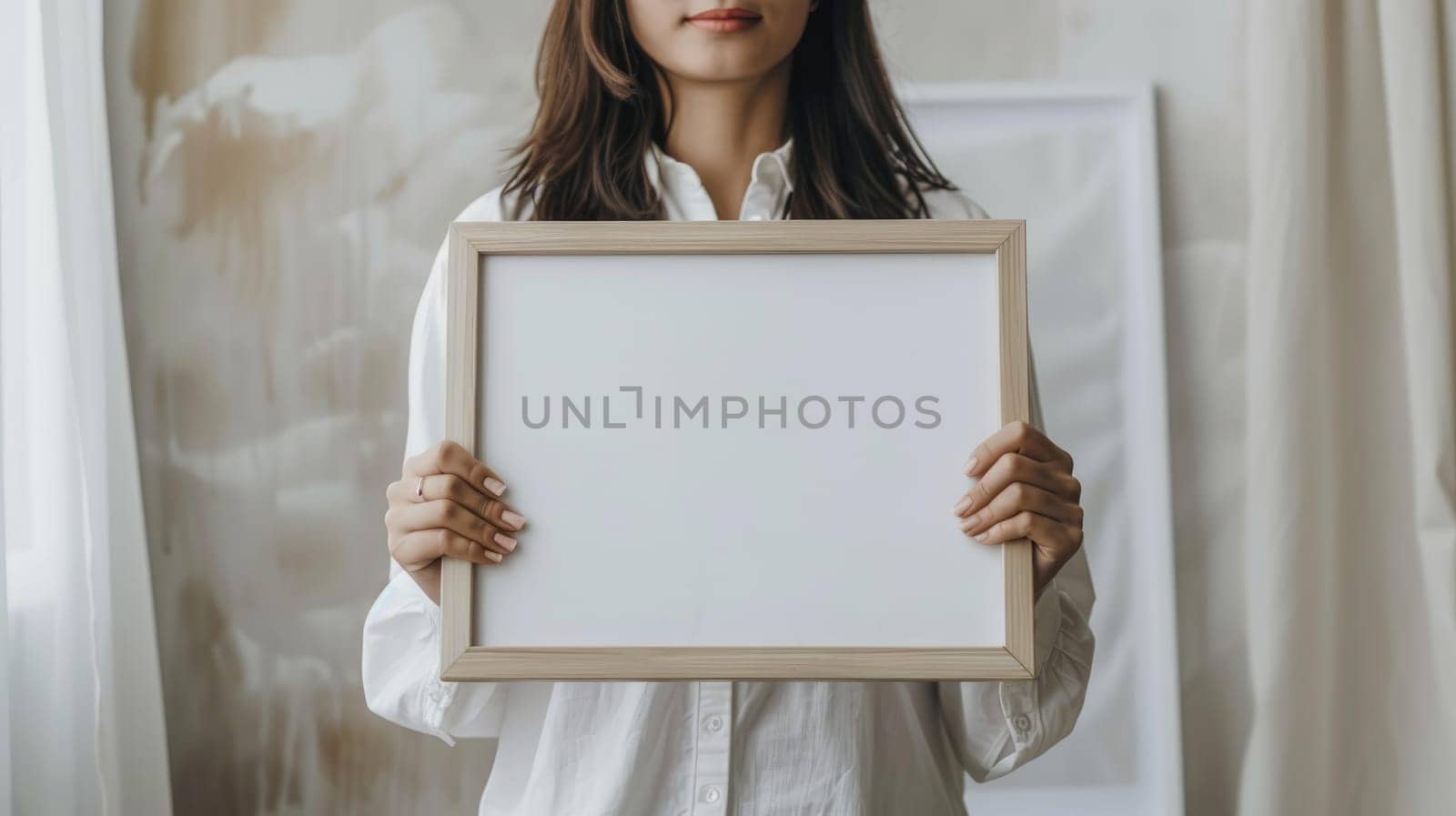 A woman is holding a white frame with a blank space inside.