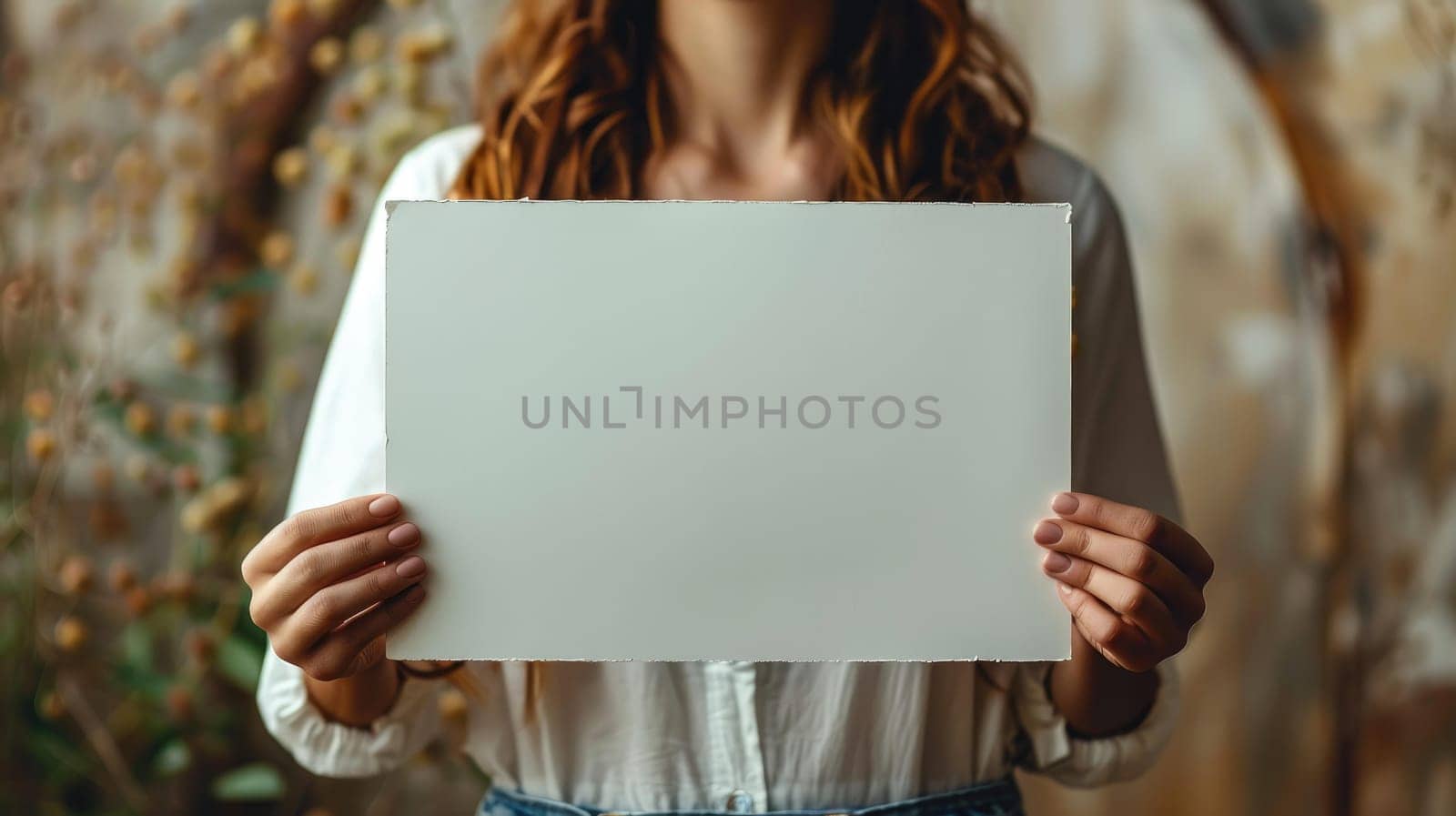 A woman holding blank picture frame with space for promotional text.