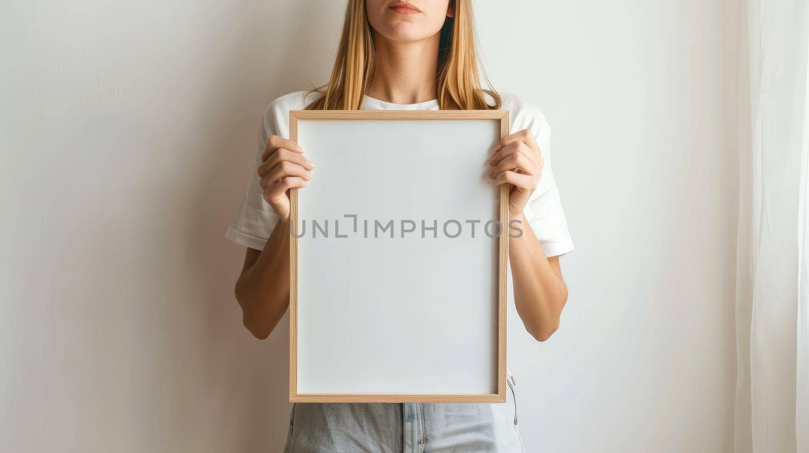 A woman is holding a white sign with space for promotional text.