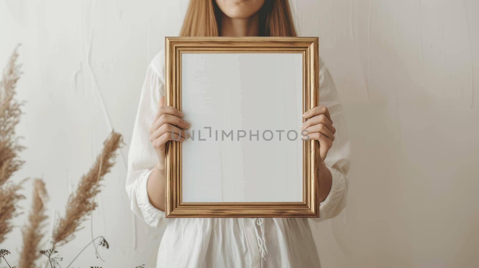 A woman is holding a white frame with a blank space inside.