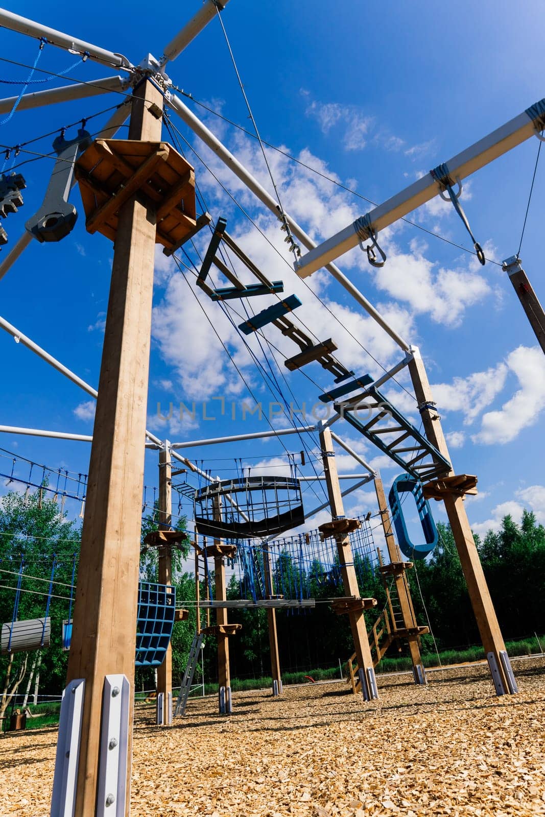 On high pines various equipment for sports - ropes, slings, wooden steps, grids, platforms is fixed. by Zelenin