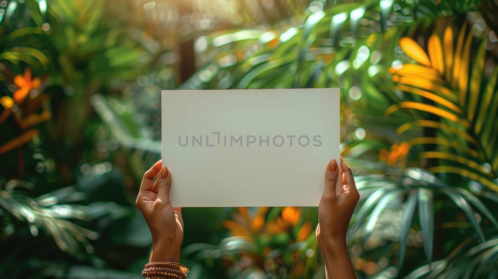 A woman holding blank picture frame with space for promotional text.