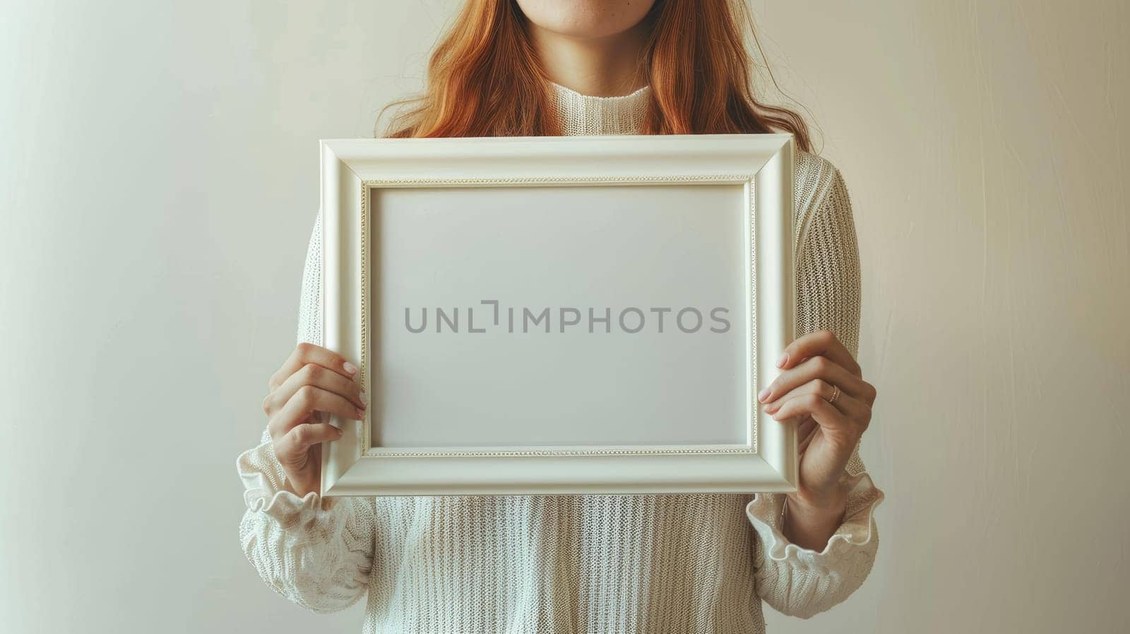 A woman holding blank picture frame with space for promotional text.