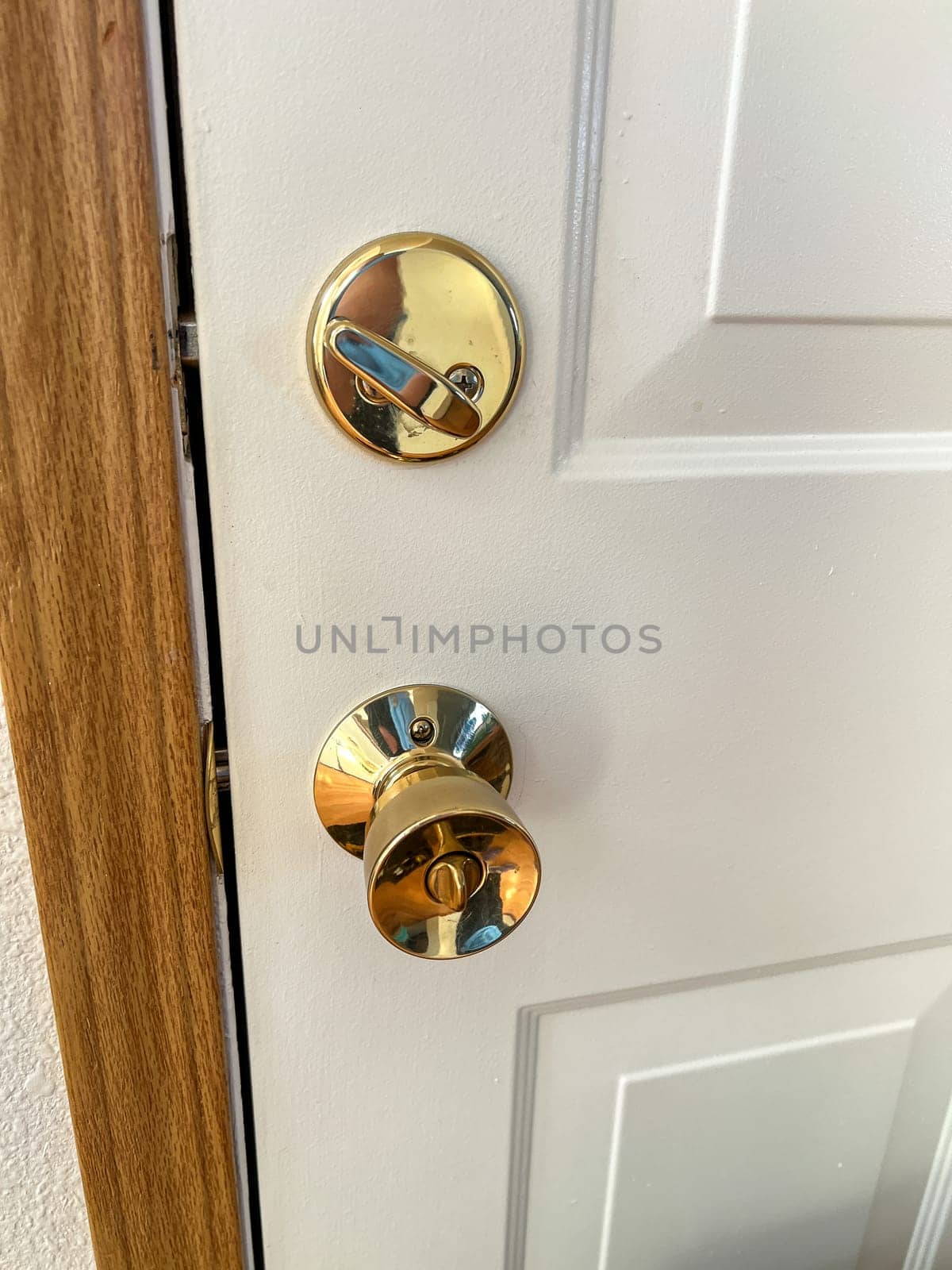 Polished Brass Door Handle and Deadbolt on Wooden Door by arinahabich