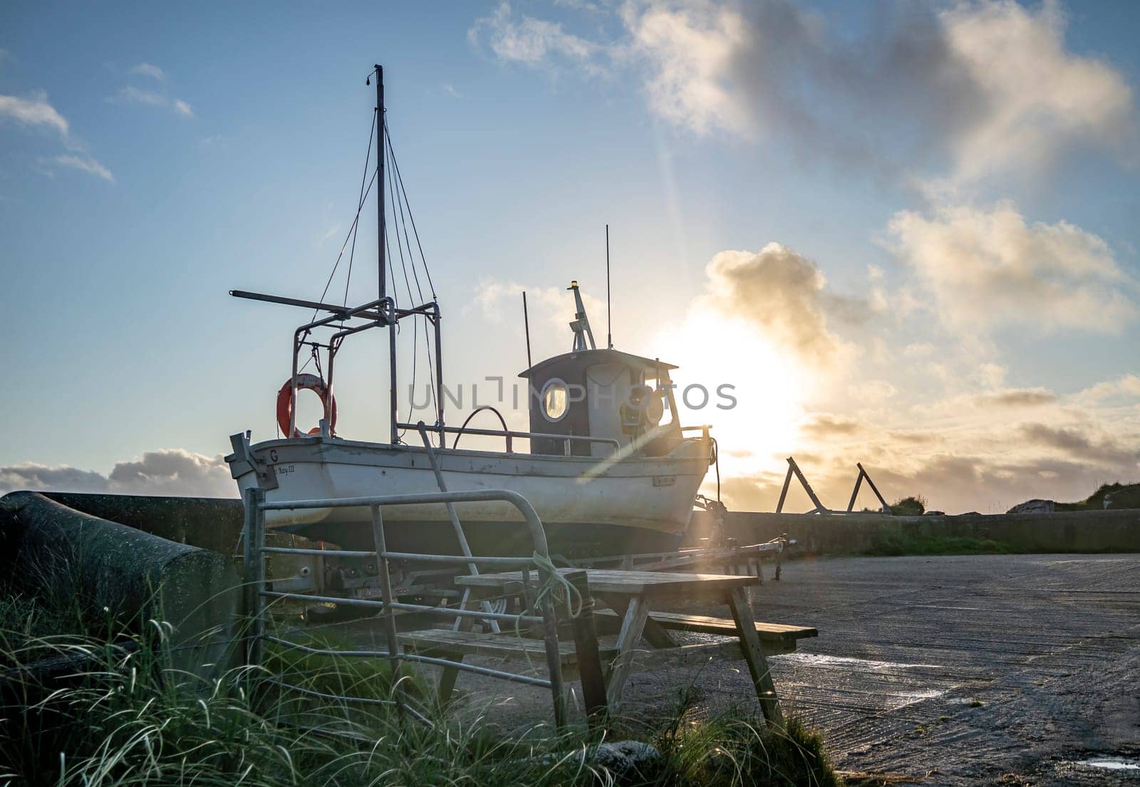 COUNTY DONEGAL, IRELAND - NOVEMBER 09 2021 : The fishing vessel is waiting on the dry dock for the next season.