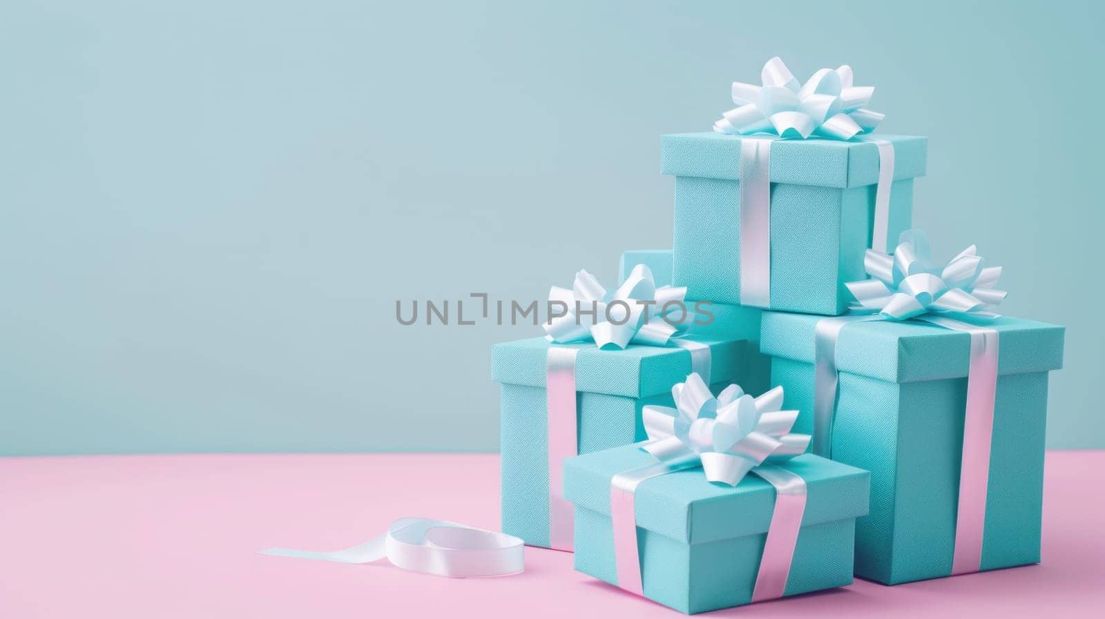Blue gift boxes with white bows on pink and blue background for celebrating special occasions