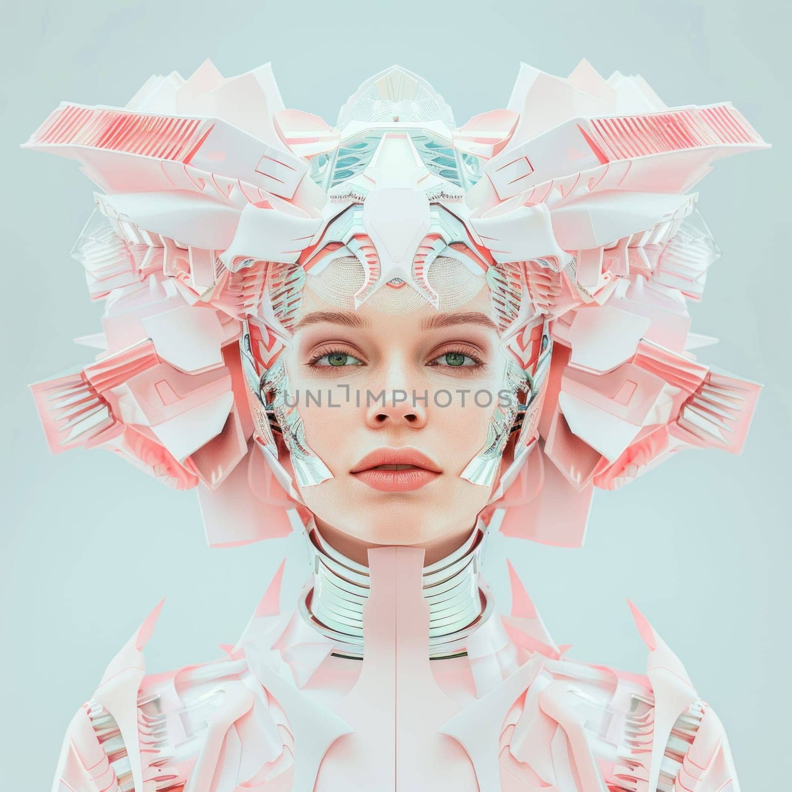 Robot head woman surrounded by pink flowers a creative fusion of technology and nature