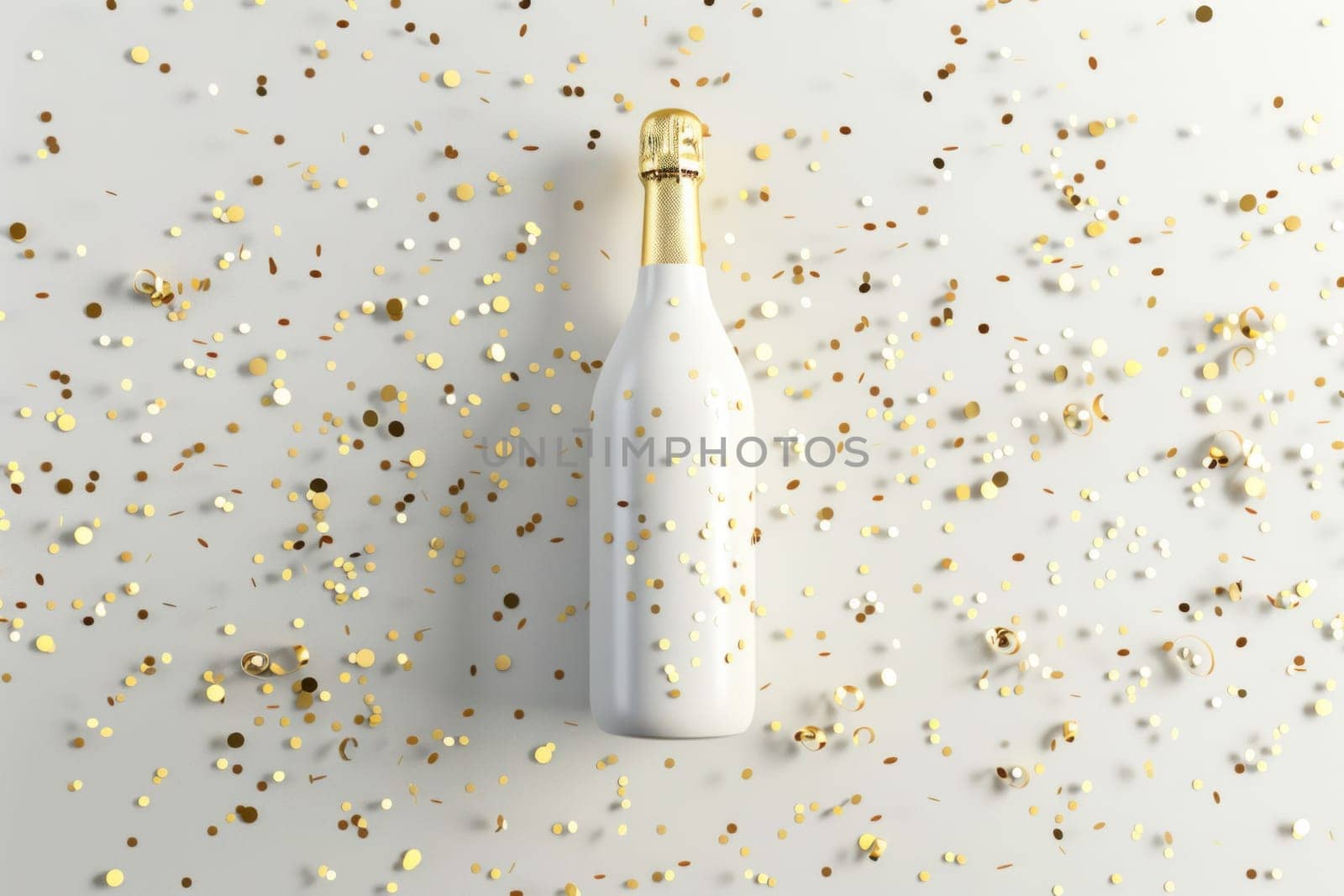 Celebration concept champagne bottle with golden confetti on white background for festive occasions