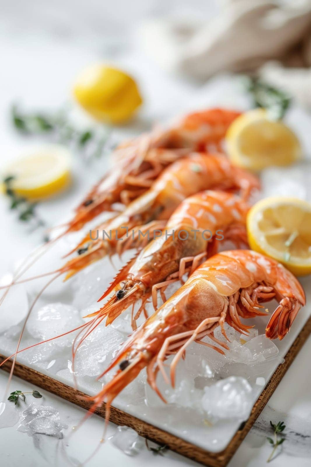 Fresh raw prawns on ice with lemon slices on white marble countertop for seafood lovers
