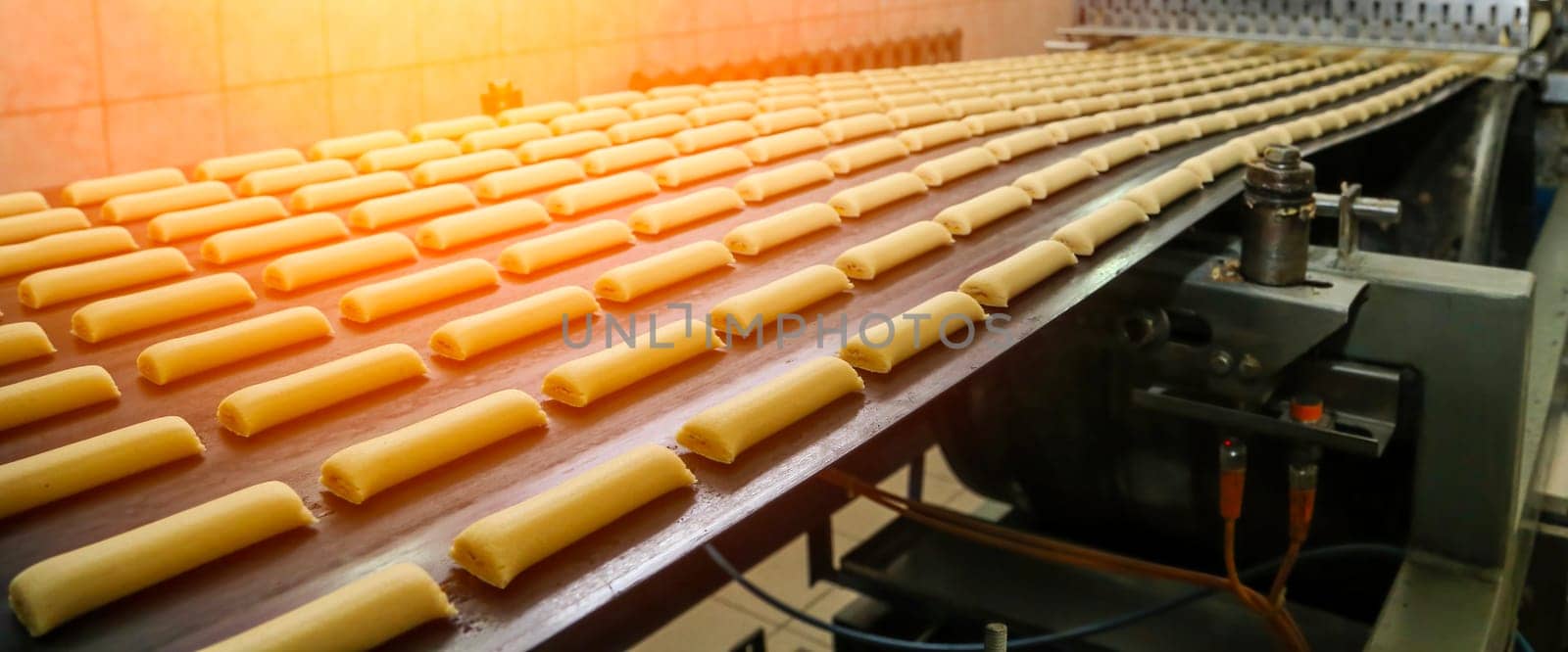 Rows of uncooked bread rolls are neatly aligned on a factory conveyor belt, ready for baking. The machinery suggests a large-scale production in an industrial bakery setting, emphasizing efficiency in food manufacturing. Golden dough shapes are progressing through the initial phases of a baking process.