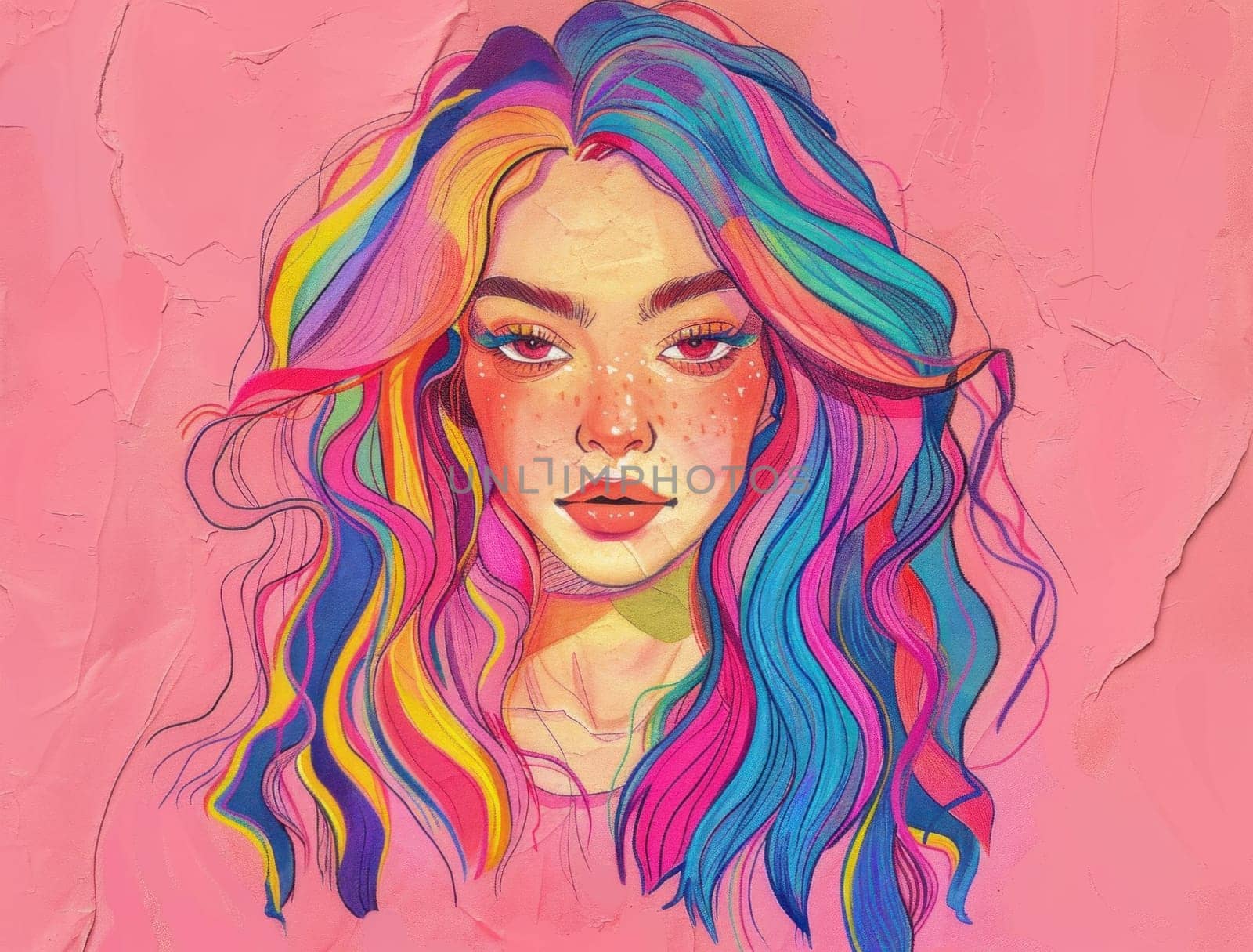 Colorful hair beauty a vibrant portrait of a girl with long hair on pink background