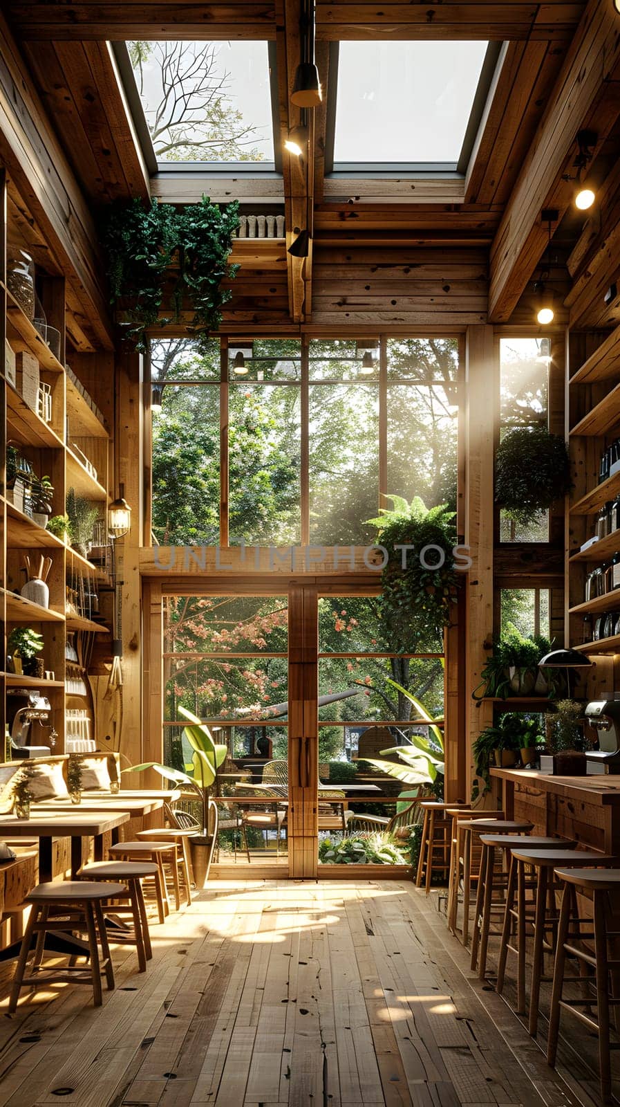 A building with hardwood floors and wooden fixtures, including tables and chairs under a skylight. The facade showcases the natural beauty of the wood