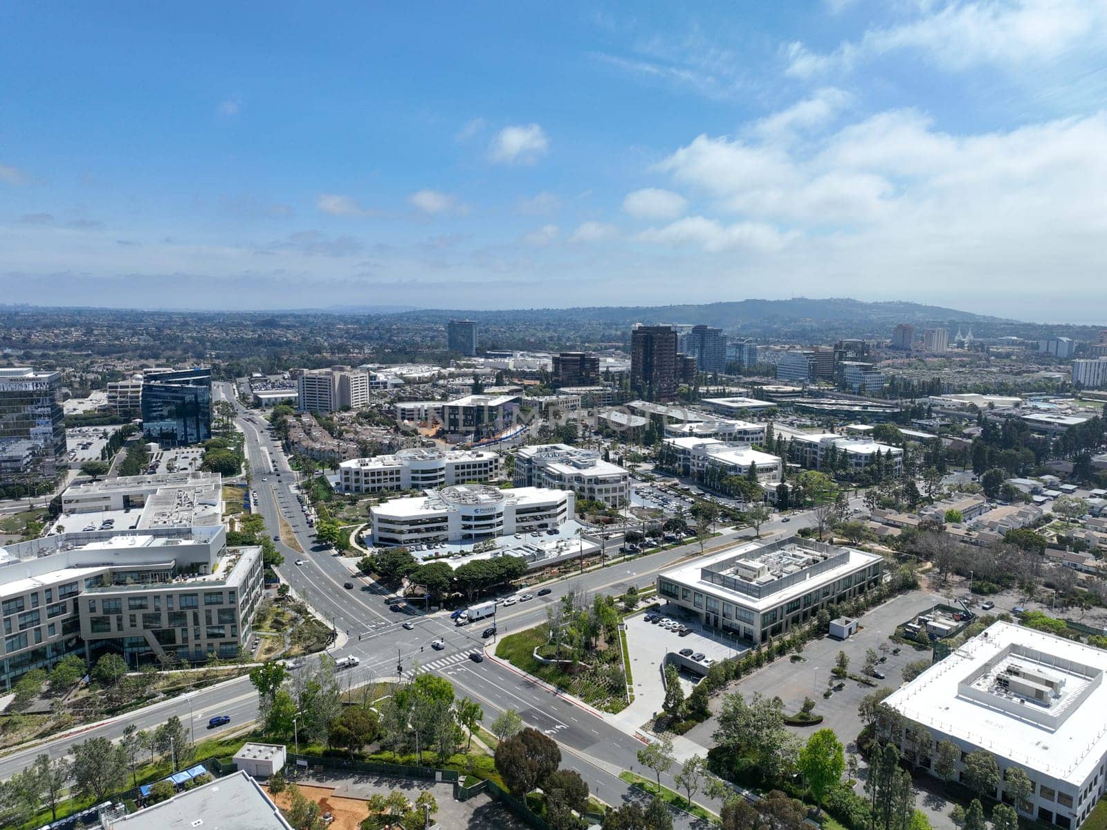 Aerial view of business park with mixed use facility service building and offices in South San Diego, California, USA