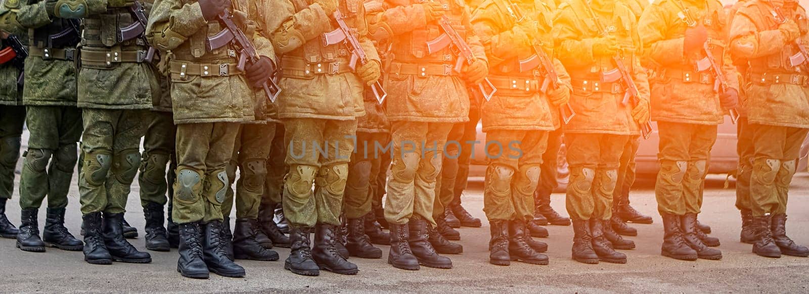 Army Soldiers In Uniform Standing In A Row On Parade Ground During Inspection by Hil