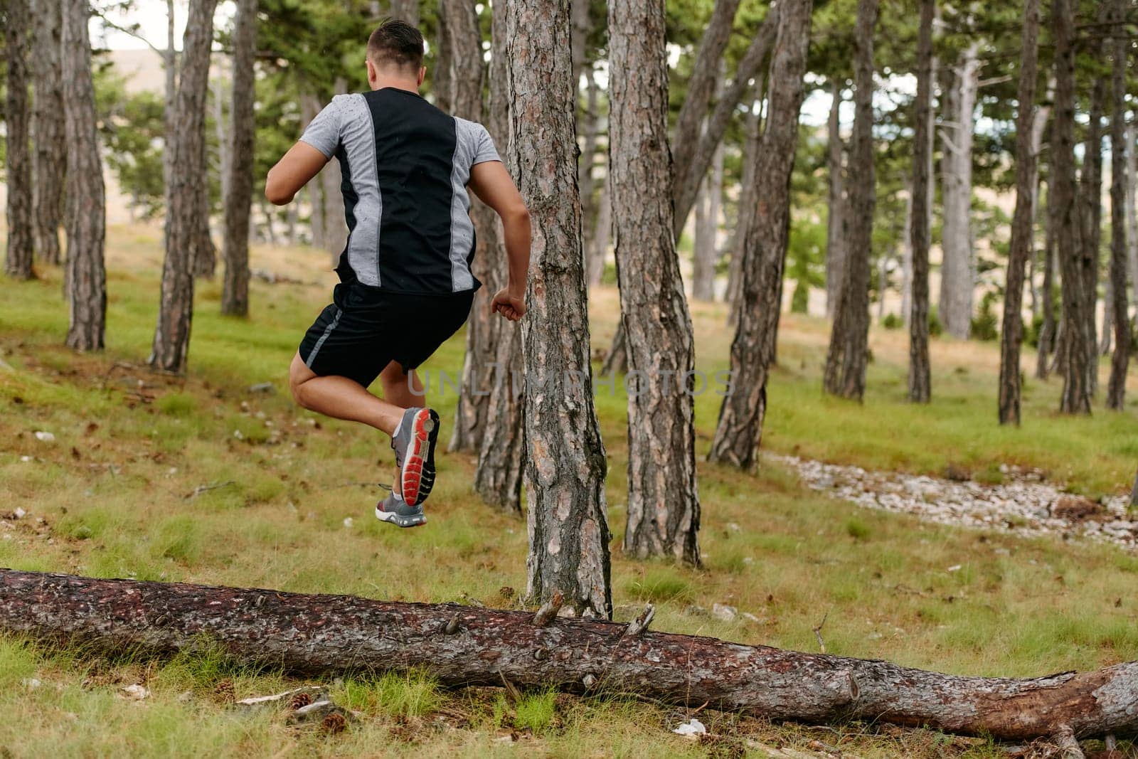 An unwavering man dashes through perilous forest paths, skillfully hurdling over wooden obstacles with determination and agility, epitomizing courage and athleticism