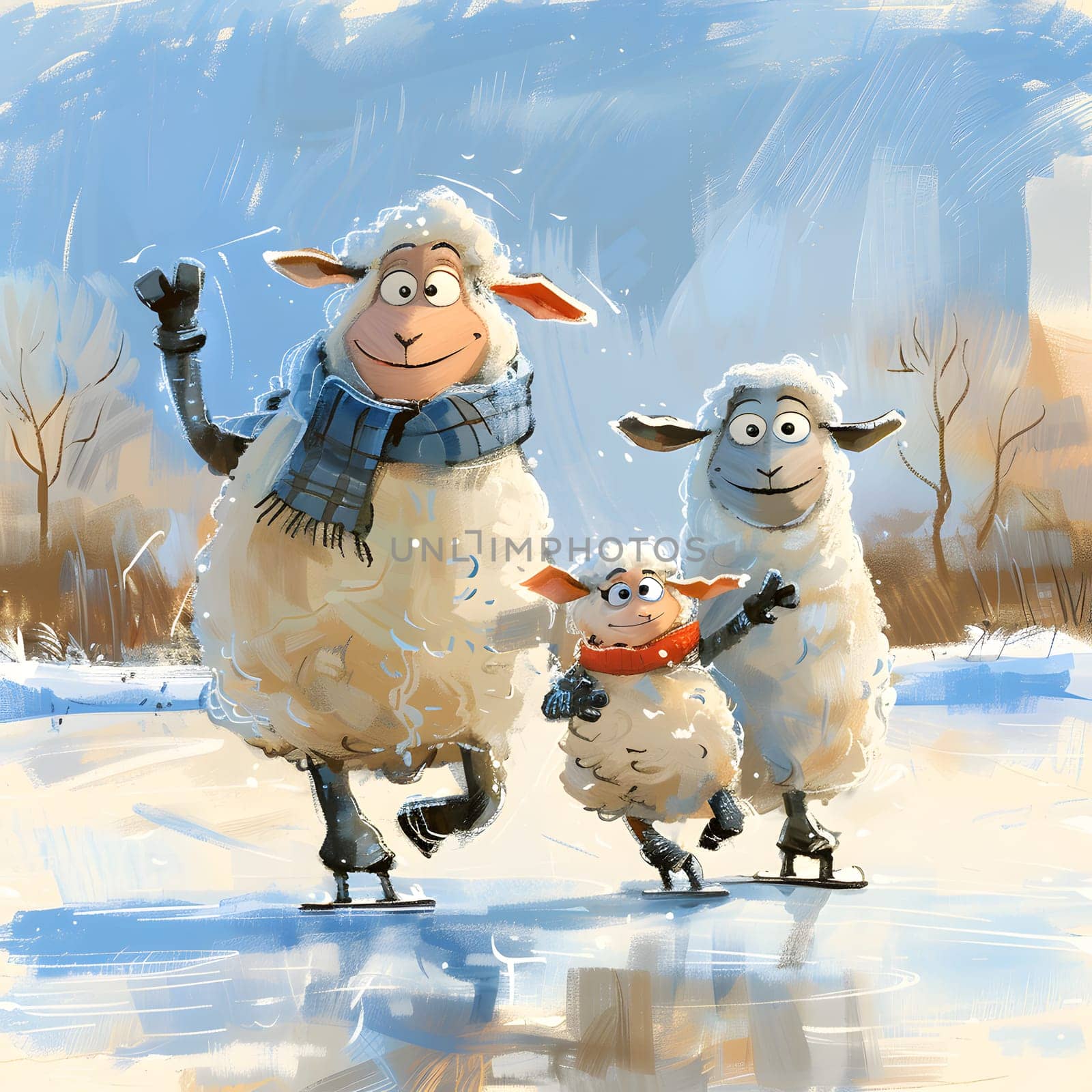 A joyful painting of three sheep ice skating under the sky in a snowy landscape. The artwork captures the happy and free atmosphere of the livestock enjoying the freezing weather