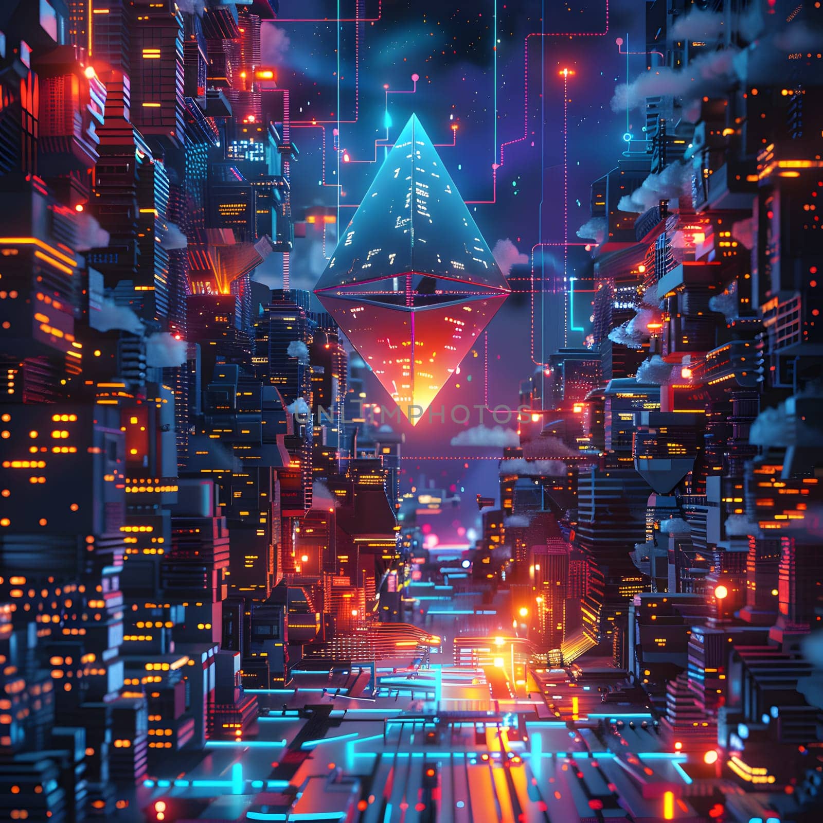 In a metropolis of electric blue lights, a futuristic city with a purple pyramid stands as the focal point of the urban design. Water, electricity, and entertainment merge in this stunning cityscape