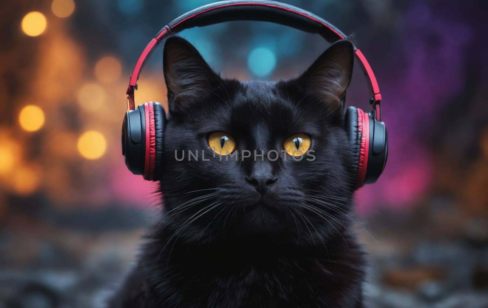 Black cat with headphones listening to music on the background of Christmas lights.