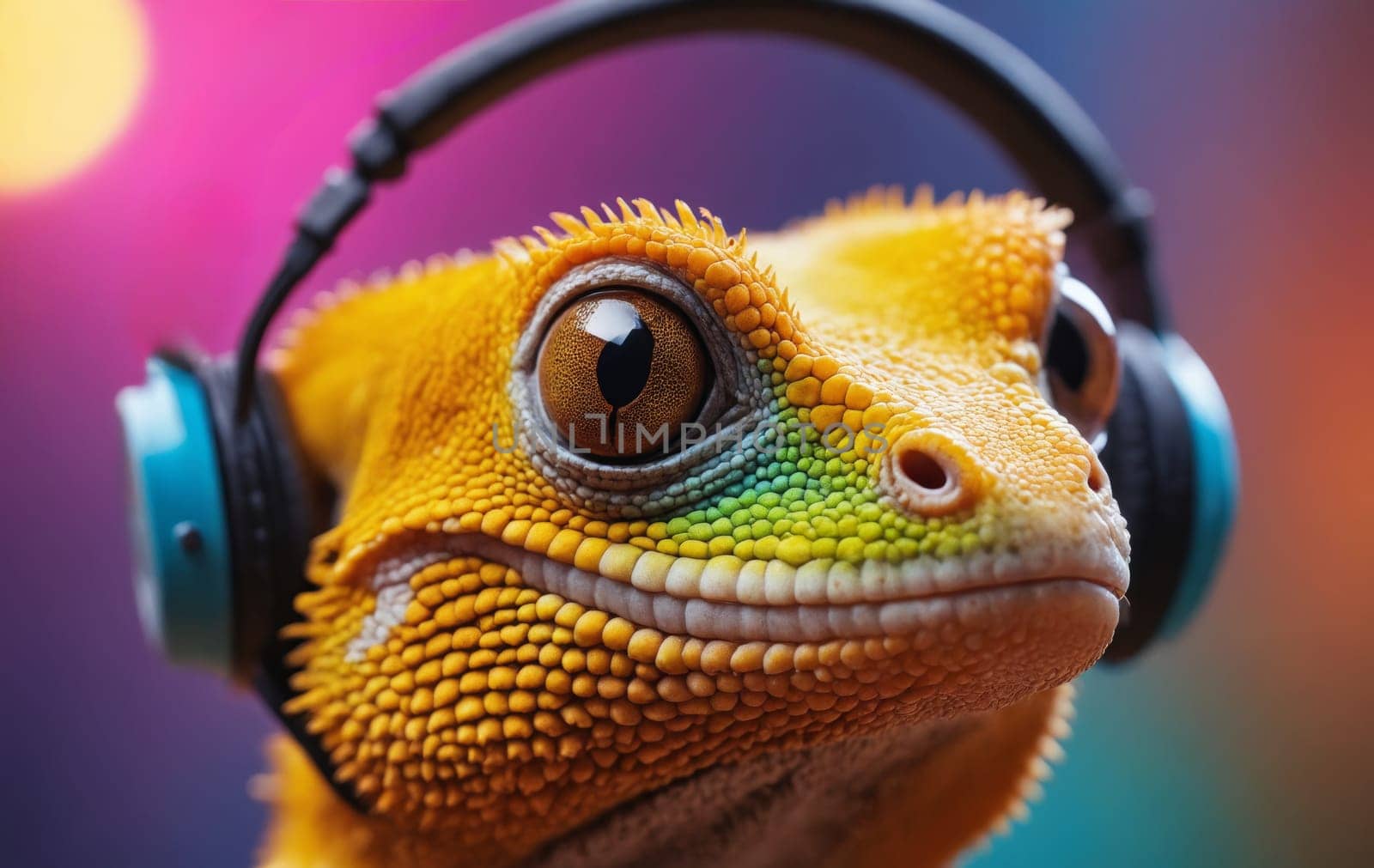 A scaled reptile, known as a lizard, is wearing headphones and smiling in a closeup photo capturing its terrestrial features through macro photography
