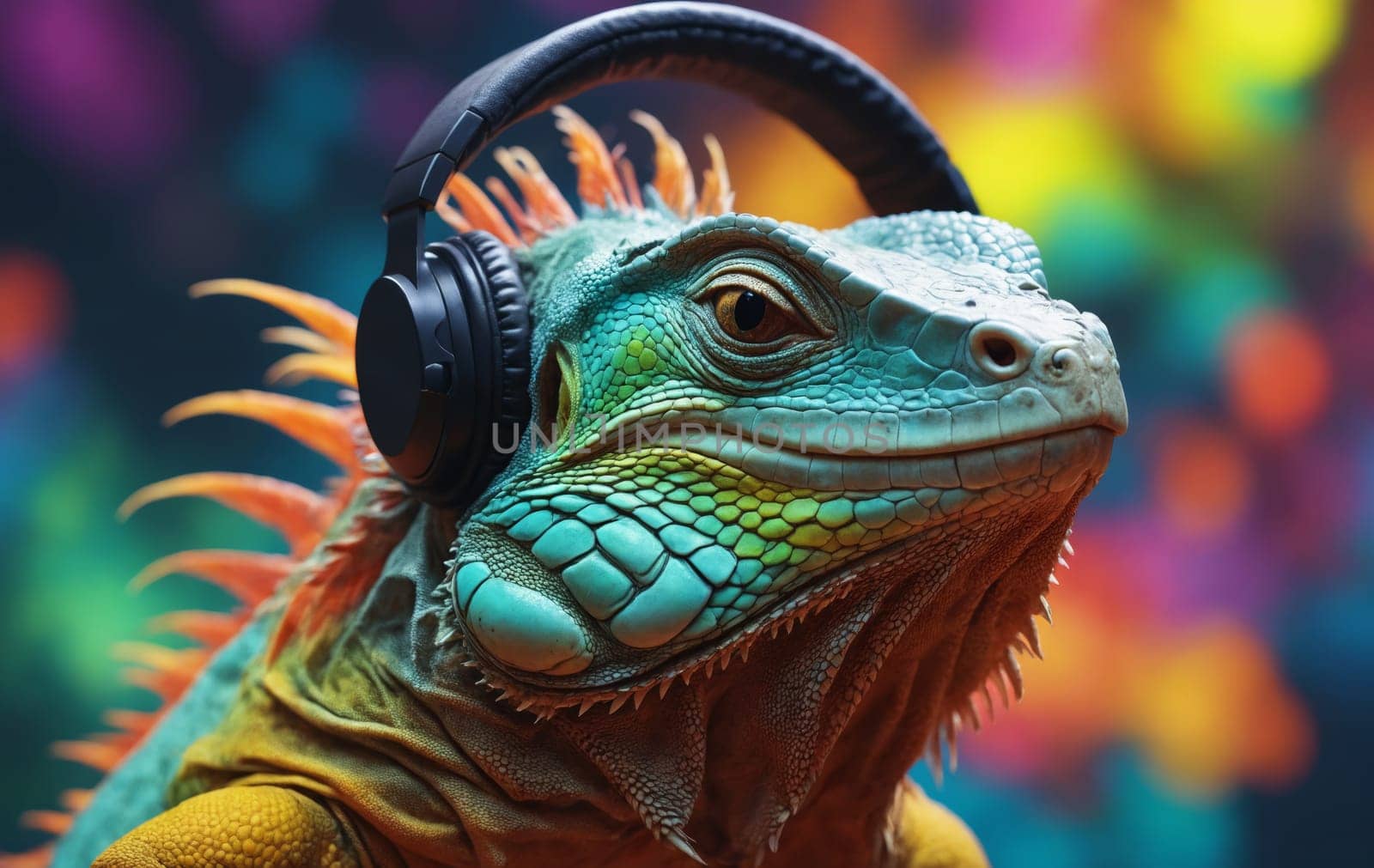 A reptile, specifically a lizard, wearing headphones and staring at the camera in a closeup macro photography shot. This unique art captures wildlife in a terrestrial animal organism