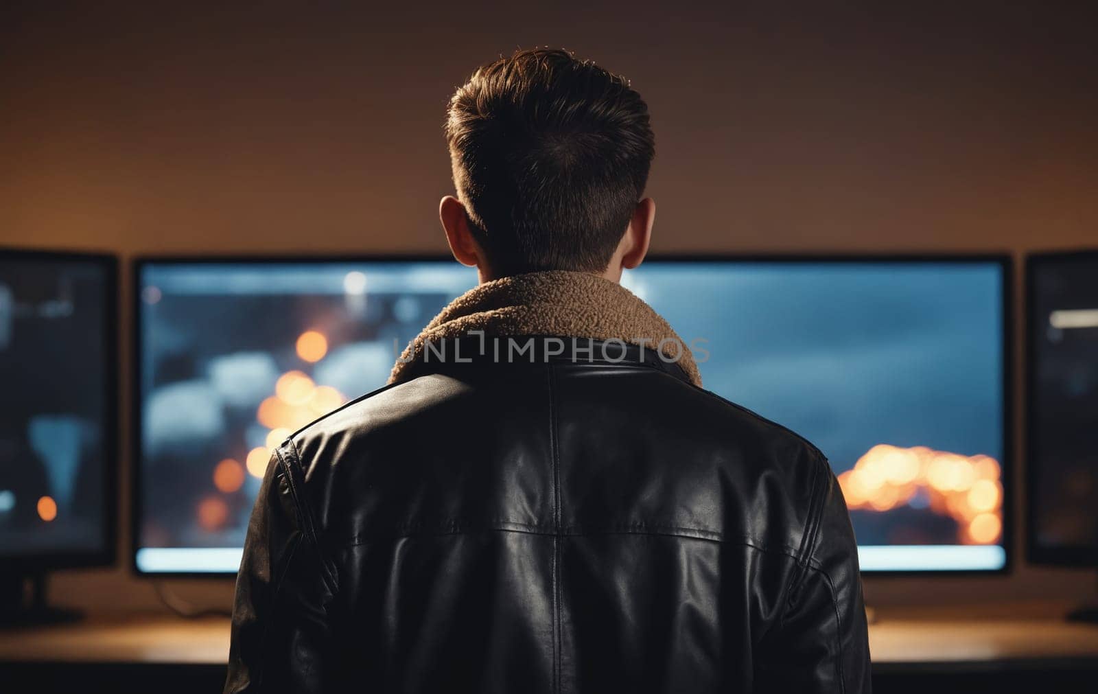 A man in a leather jacket is making gestures while looking at a display device in a room filled with multimedia entertainment. The television program is an art event on the television set