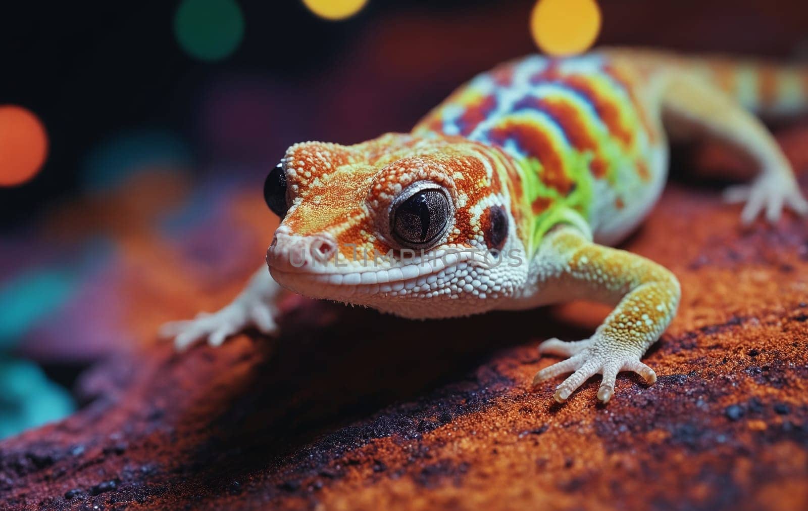 A vibrant Iguania lizard, a terrestrial animal and a scaled reptile, is perched on a rock in this macro photography shot. The colorful organism resembles a chameleon
