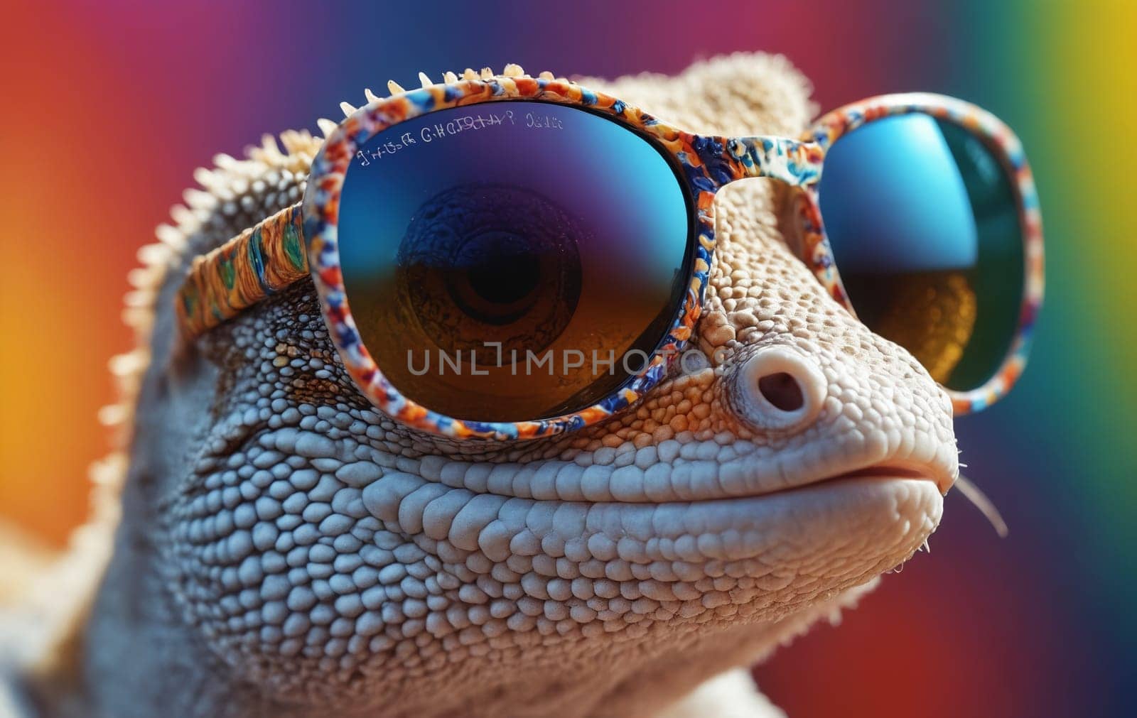 A closeup of a terrestrial animal, a scaled reptile, a lizard wearing electric blue sunglasses. A fun way to promote vision care and eyewear protection
