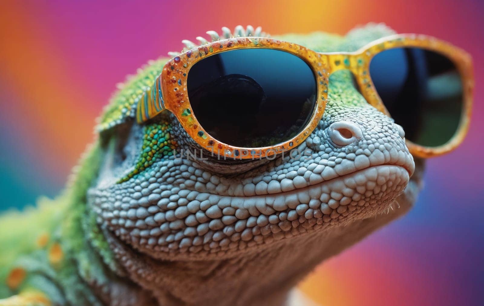 A close up of a reptiles head with sunglasses covering its eyes, showcasing the unique features of an Iguania vertebrate with a jaw and mouth