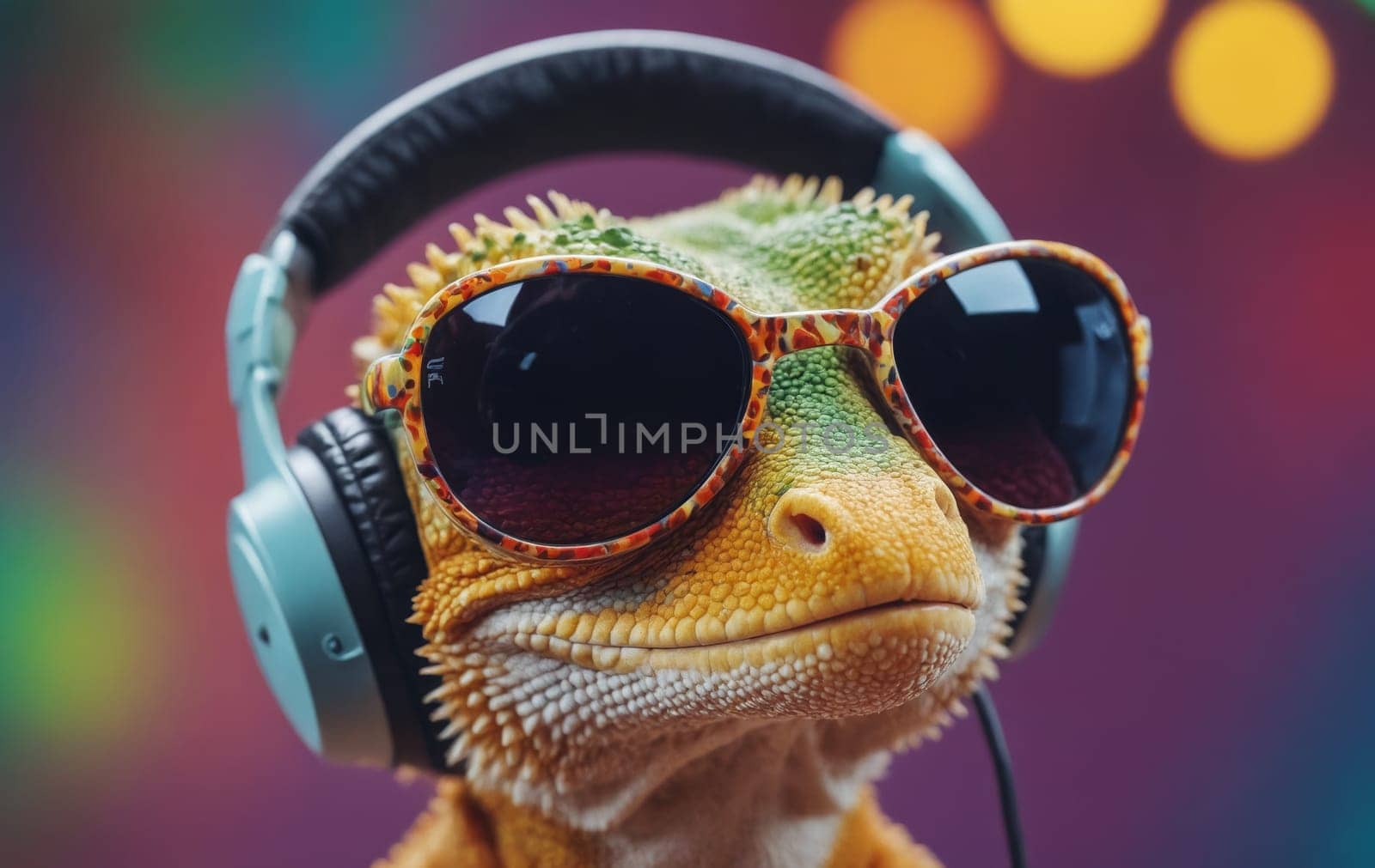 Portrait of a lizard wearing headphones and sunglasses with bokeh background.