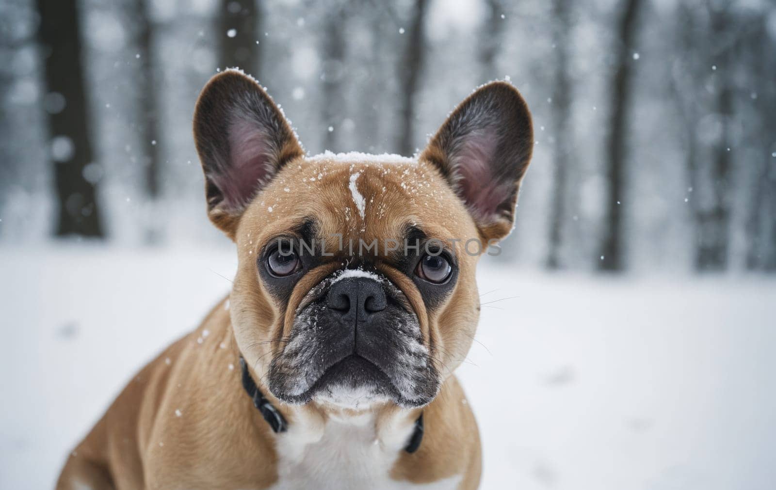 A fawn French Bulldog, a carnivorous dog breed, is lying in the snow and gazing at the camera with its wrinkled snout and whiskers