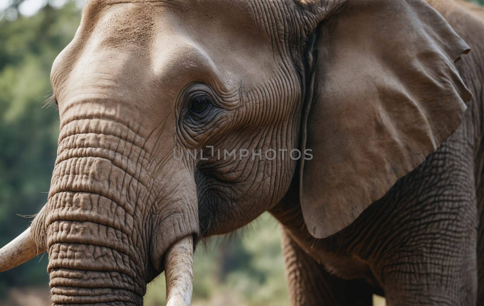 Close up of an Indian elephants face with wrinkles and a long trunk, surrounded by trees and grass. A majestic terrestrial animal, known for being a working animal