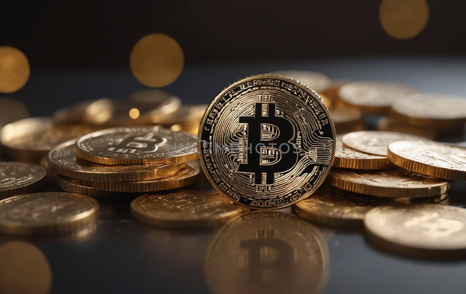 A closeup shot of a bitcoin, a digital currency, atop a stack of coins made of metal, including nickel. Money handling with a mix of cash and coins