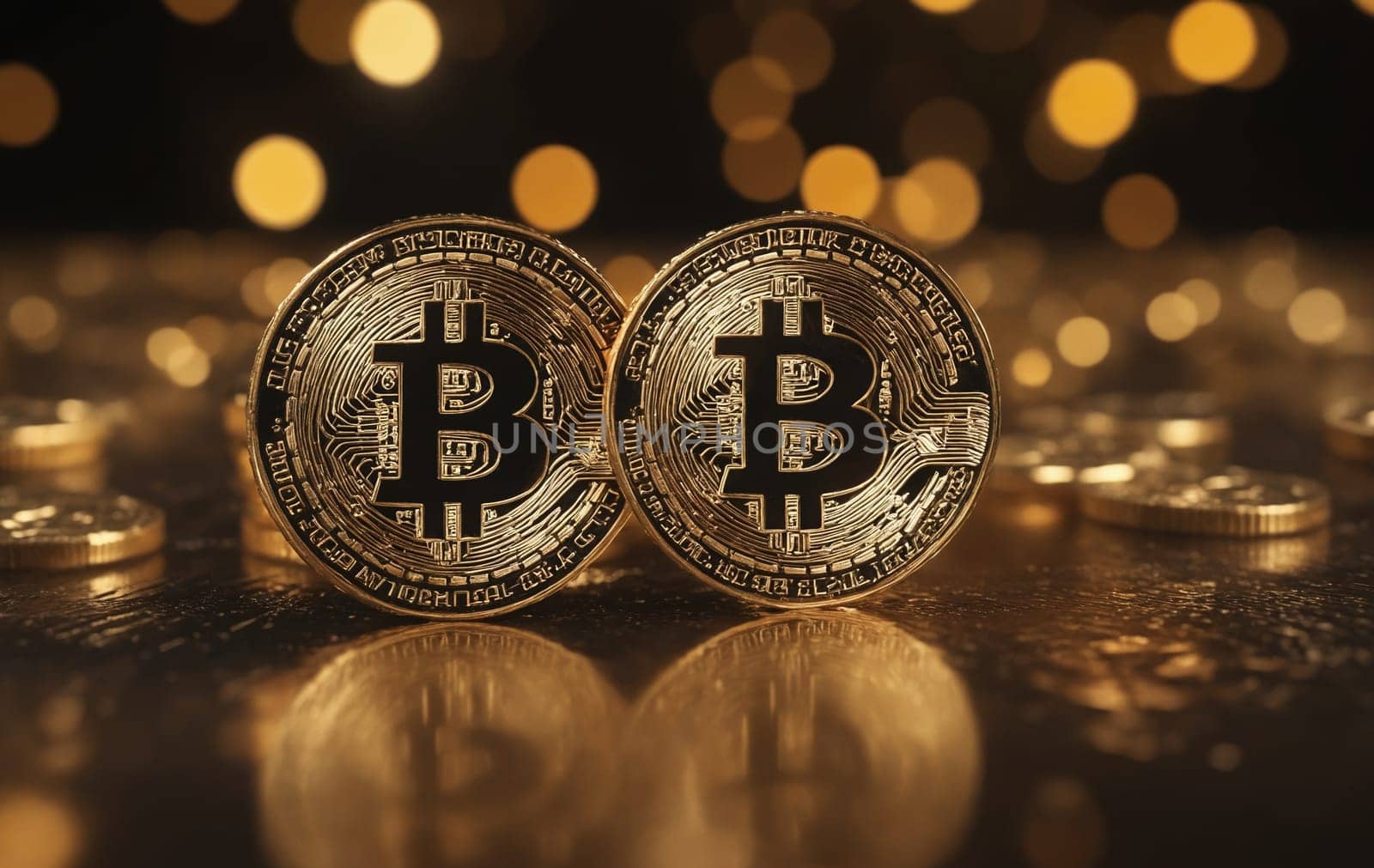 Three bitcoin coins are arranged in a stack on a table, showcasing the digital currency in a closeup, macro photography style