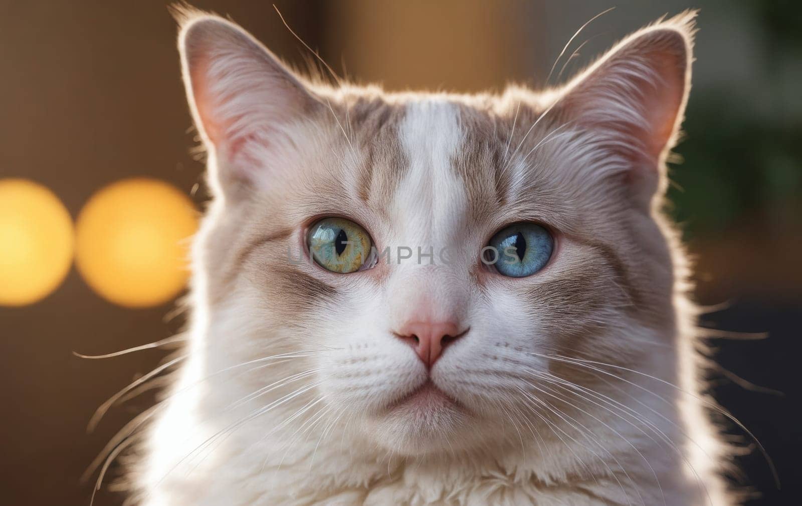 Closeup shot of a white Felidae cat with enchanting blue eyes, creating a serene yet captivating visual.