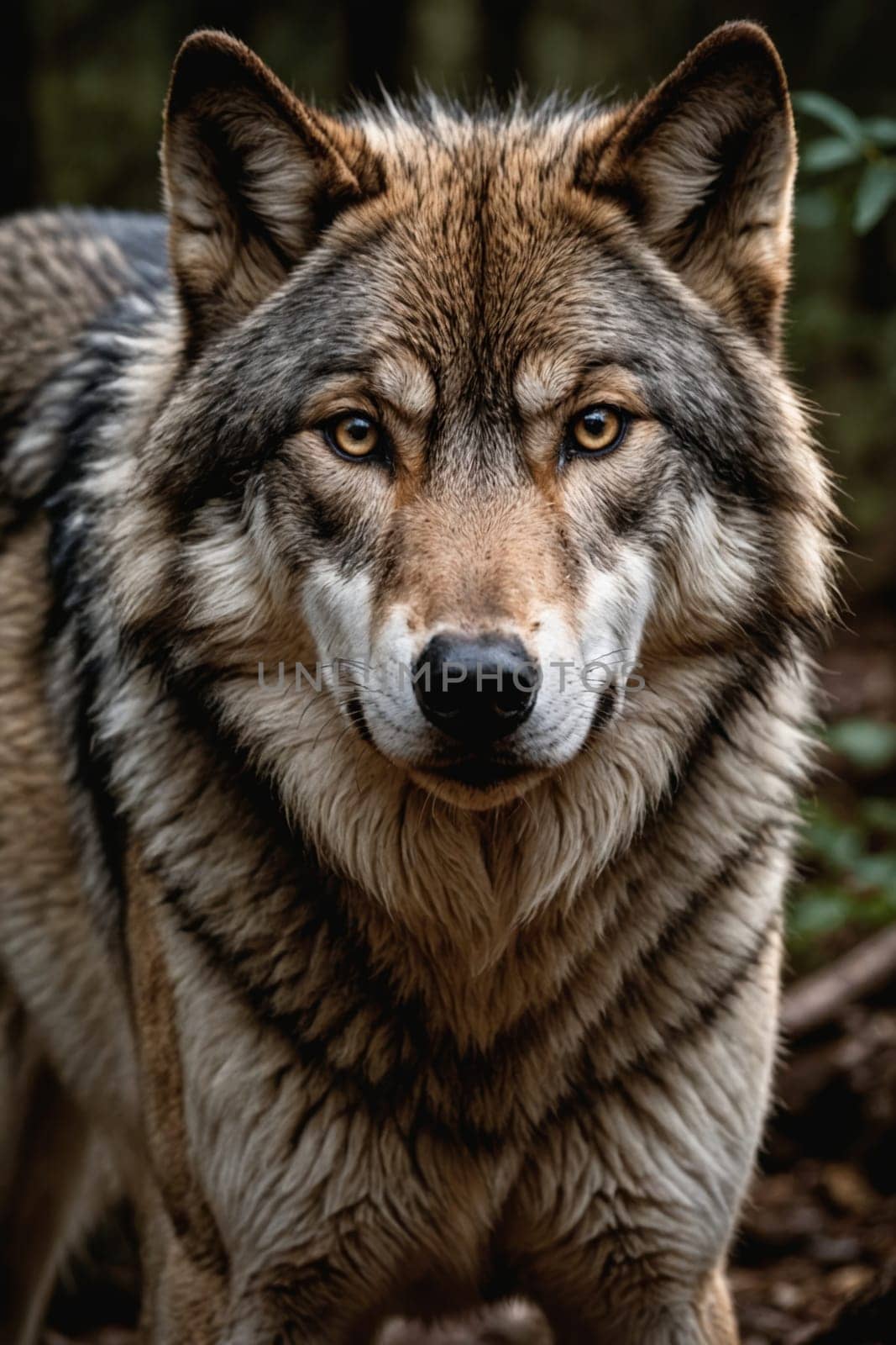 Capturing a moment of connection, a wild wolf stares directly at the lens, exuding a powerful presence.