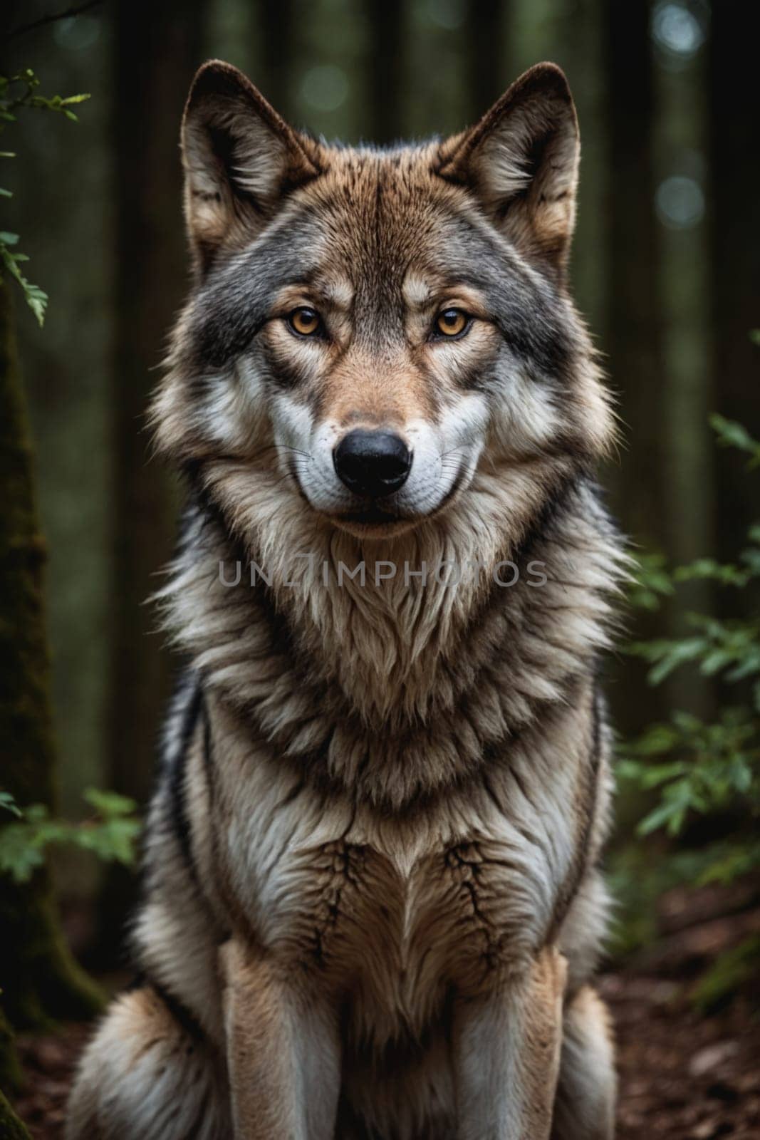 A wolf in its natural habitat locks eyes with the camera, showcasing its intense and focused gaze.