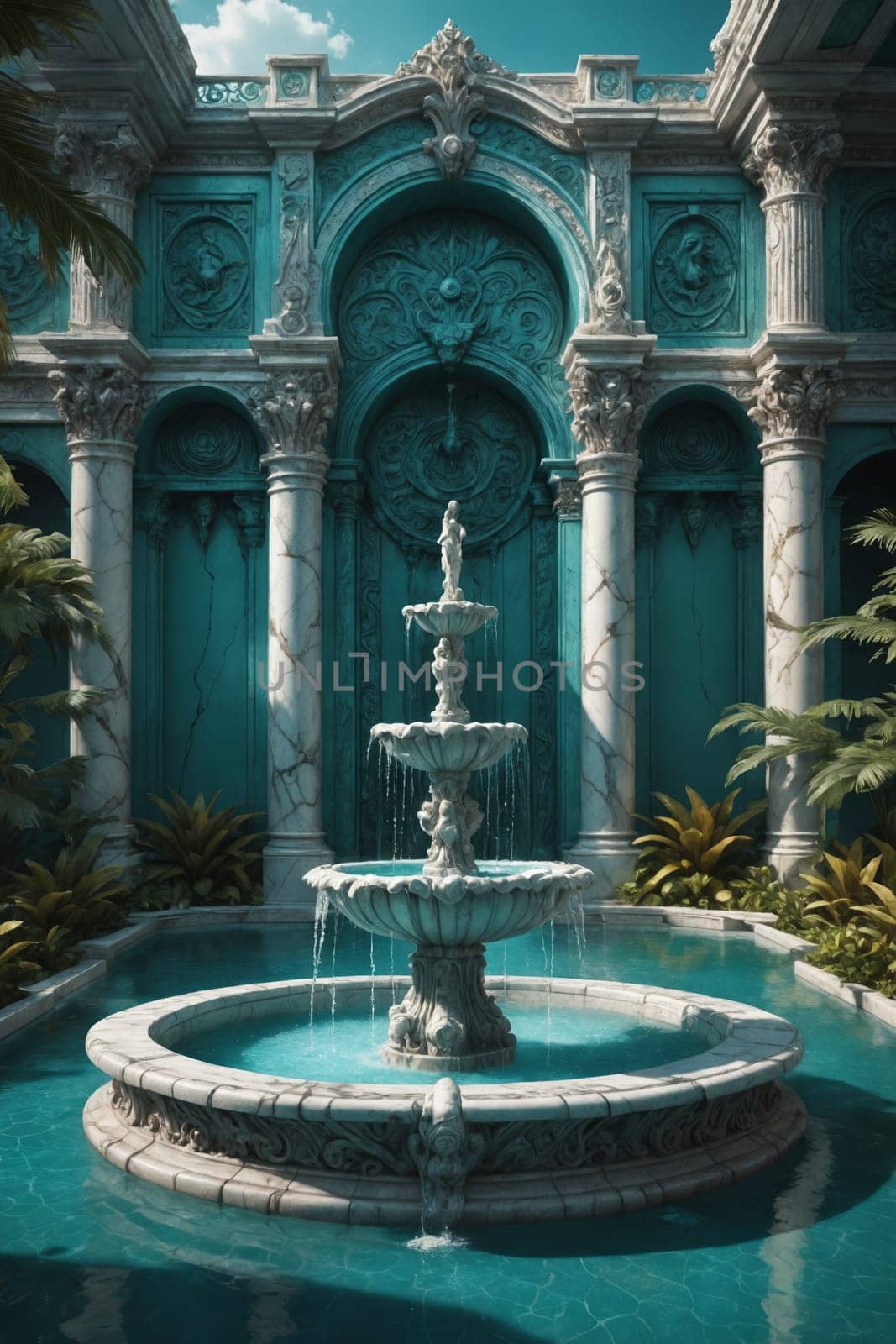 Immerse yourself in a fairytale with this charming illustration of an aqua castle embraced by verdant plants. Perfect for all creative endeavors.
