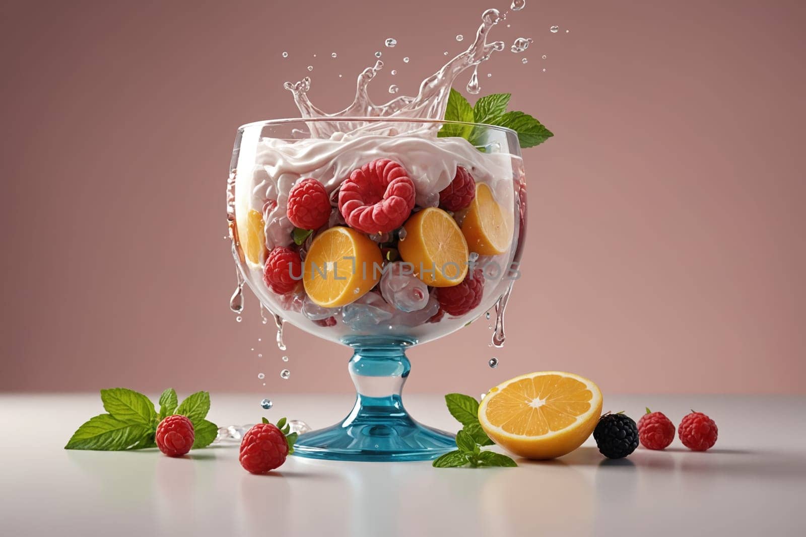 A vibrant cup filled with oranges, raspberries, and mint leaves, captured mid-splash for a refreshing feel.