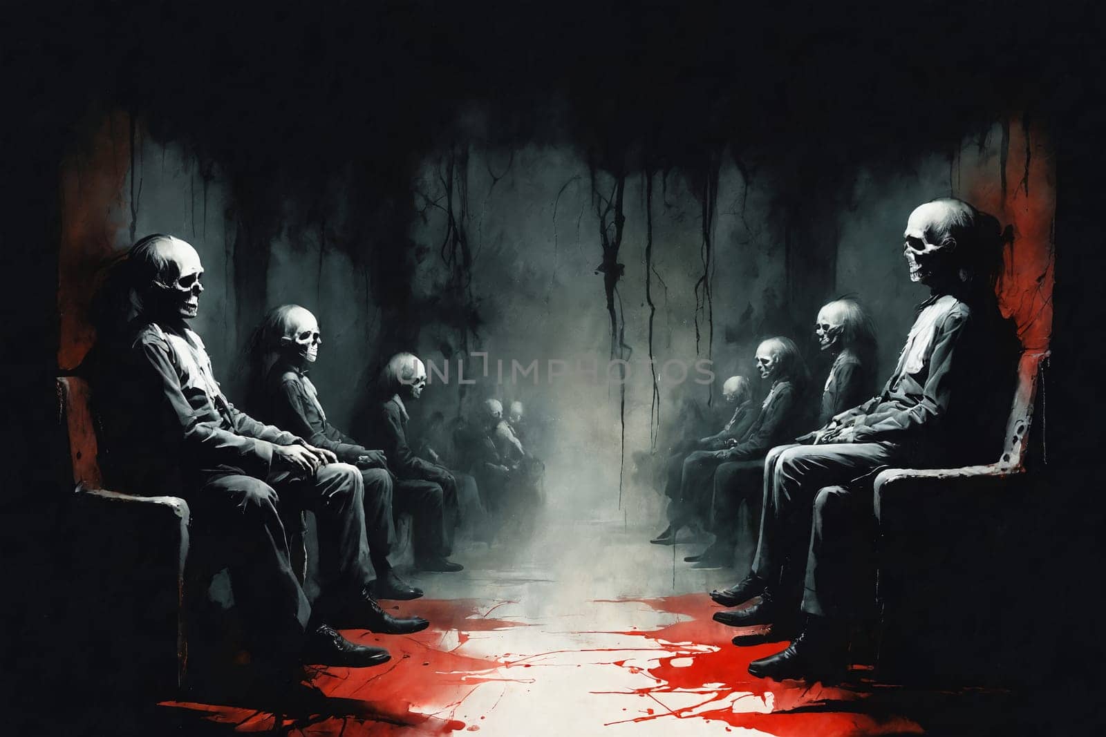 An eerie assembly of figures in formal wear is captured in a room with a horror-infused aesthetic and red stains across the floor.