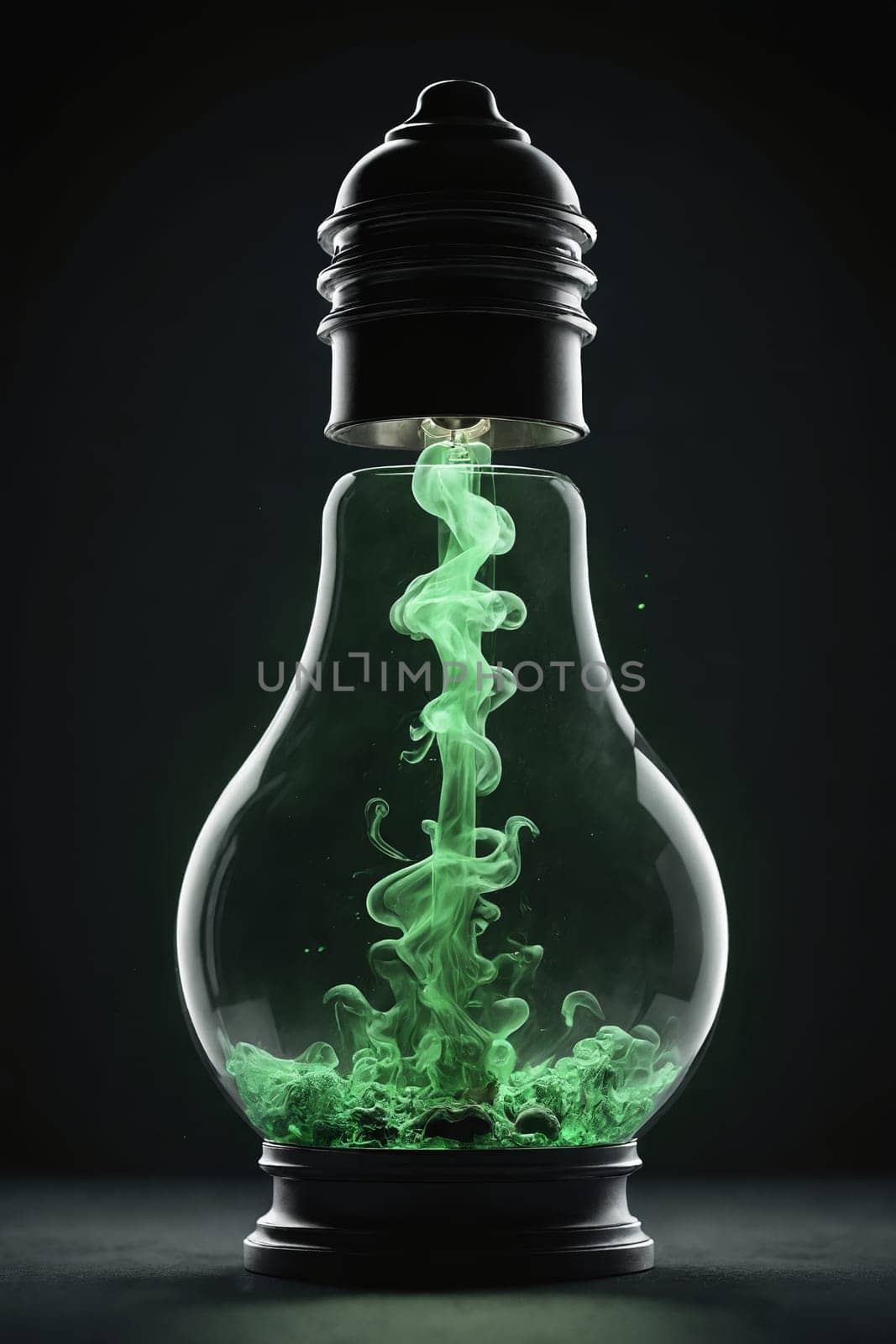 Discover the surreal beauty of green smoke filling a light bulb, creating an illusion of a mystical liquid captured in glass.