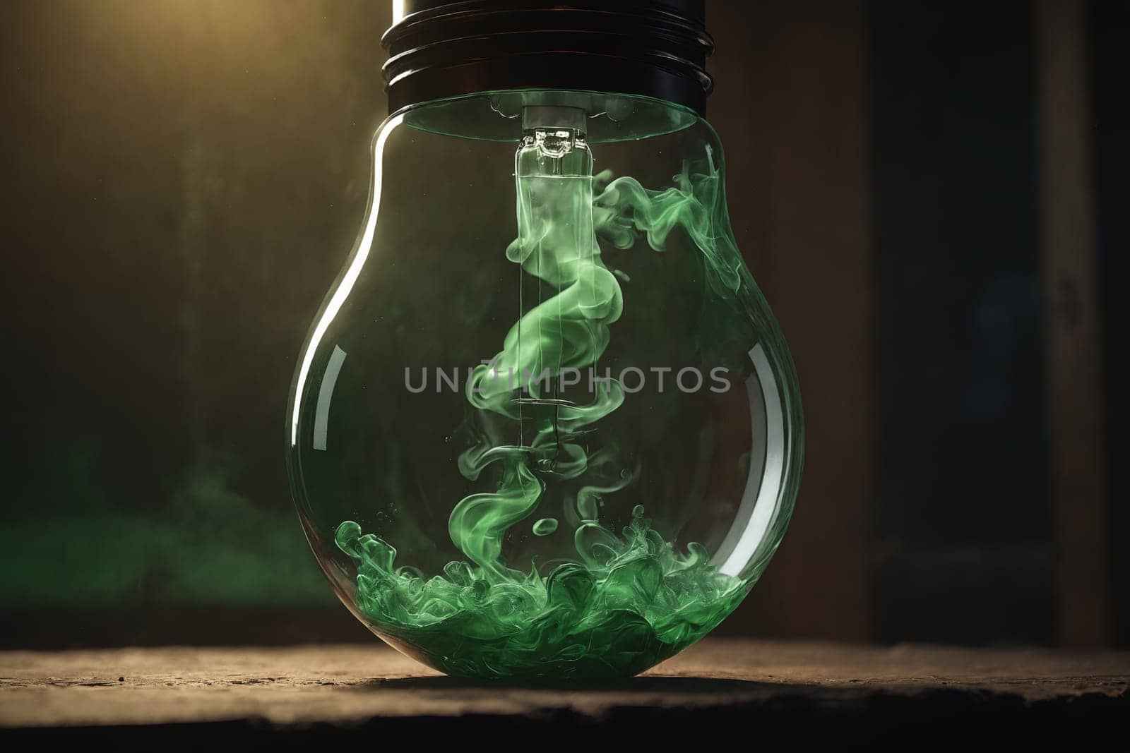 This image captures a floating light bulb with green smoke inside, creating a surreal scene of levitating beauty.