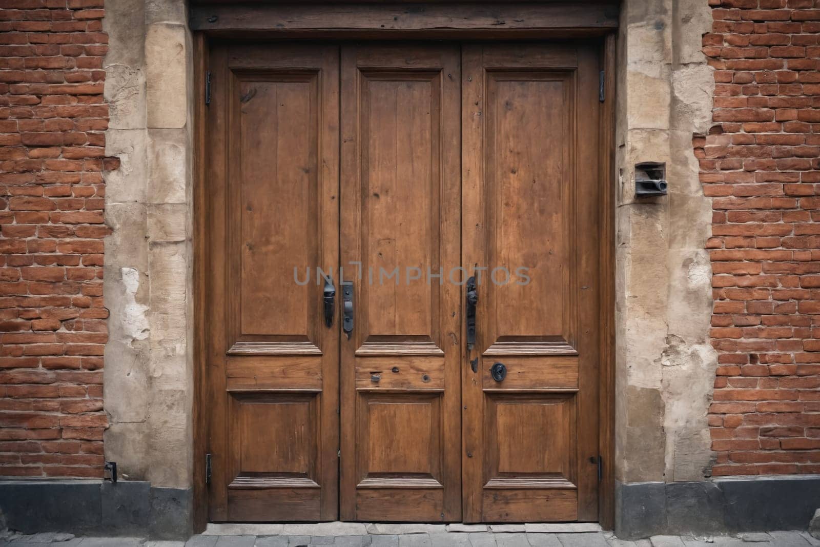 Old-world charm captured through the intricate design of wooden doors on a textured brick façade.