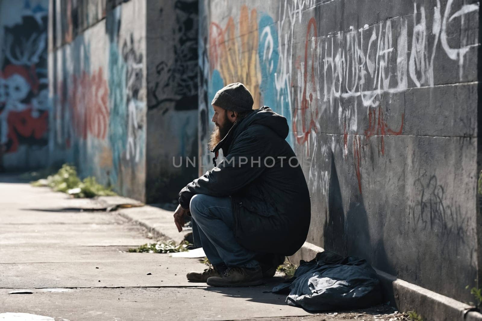 Urban decay and street art backdrop a figure in contemplation, creating a profound urbanscape.