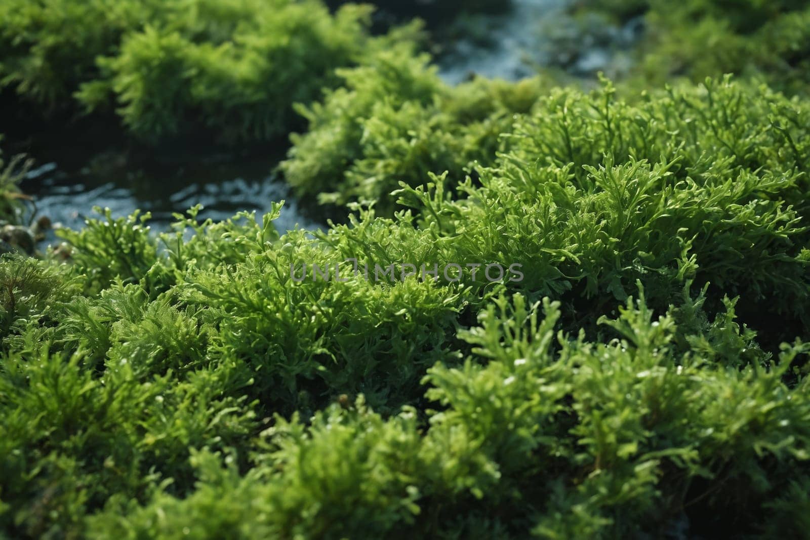 This image reveals a dense spread of rich green moss basking in sunlight. Close view allows the observer to note minute details, such as the tiny water droplets on the leaves, illuminating the vibrant hue and emphasizing the freshness and liveliness of the flora.