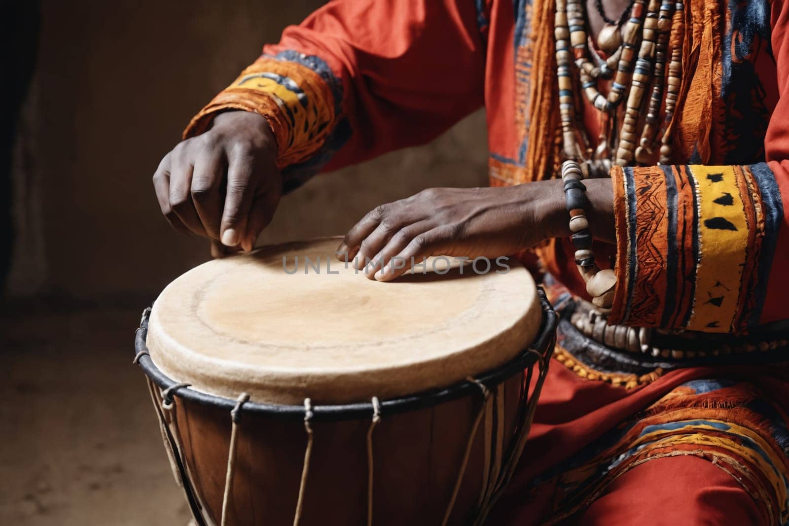 The soulful rhythm of Africa captured as hands play the djembe, enveloped in rich cultural garments.