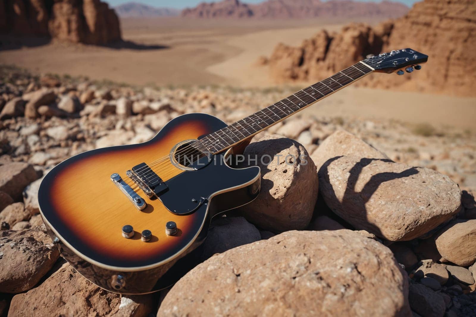 Amidst a desert's vastness, a solitary guitar on the rocks strikes a chord with the wild landscape.