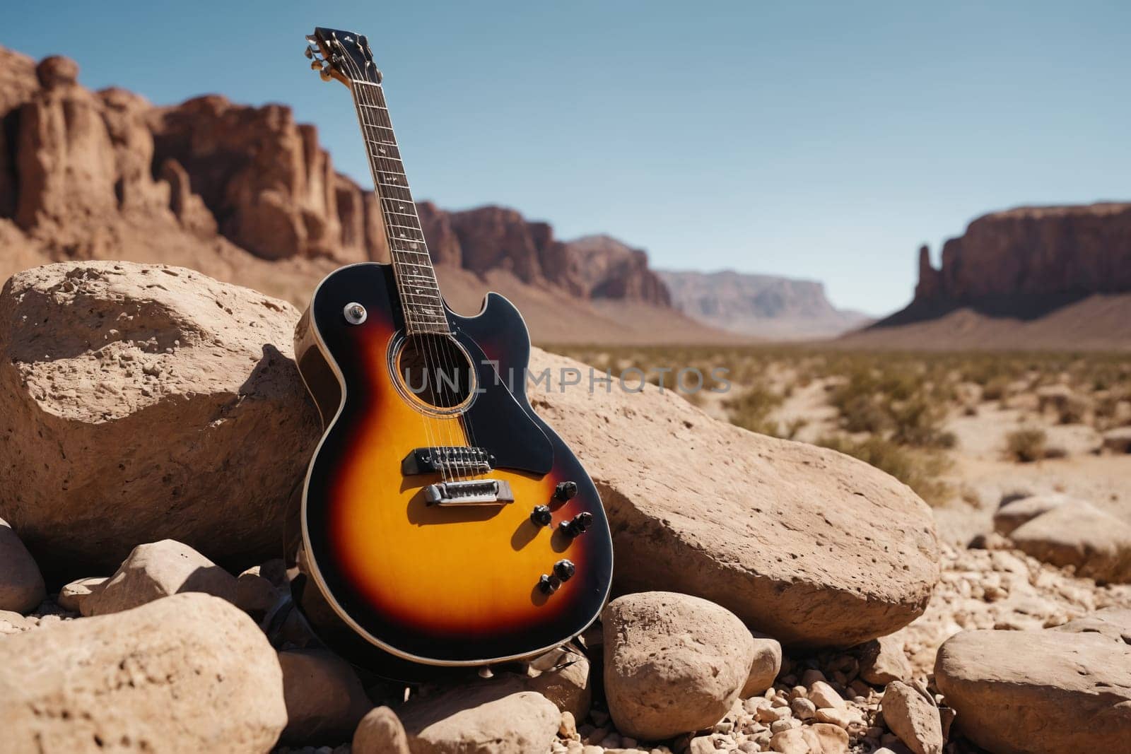 Amidst a desert's vastness, a solitary guitar on the rocks strikes a chord with the wild landscape.