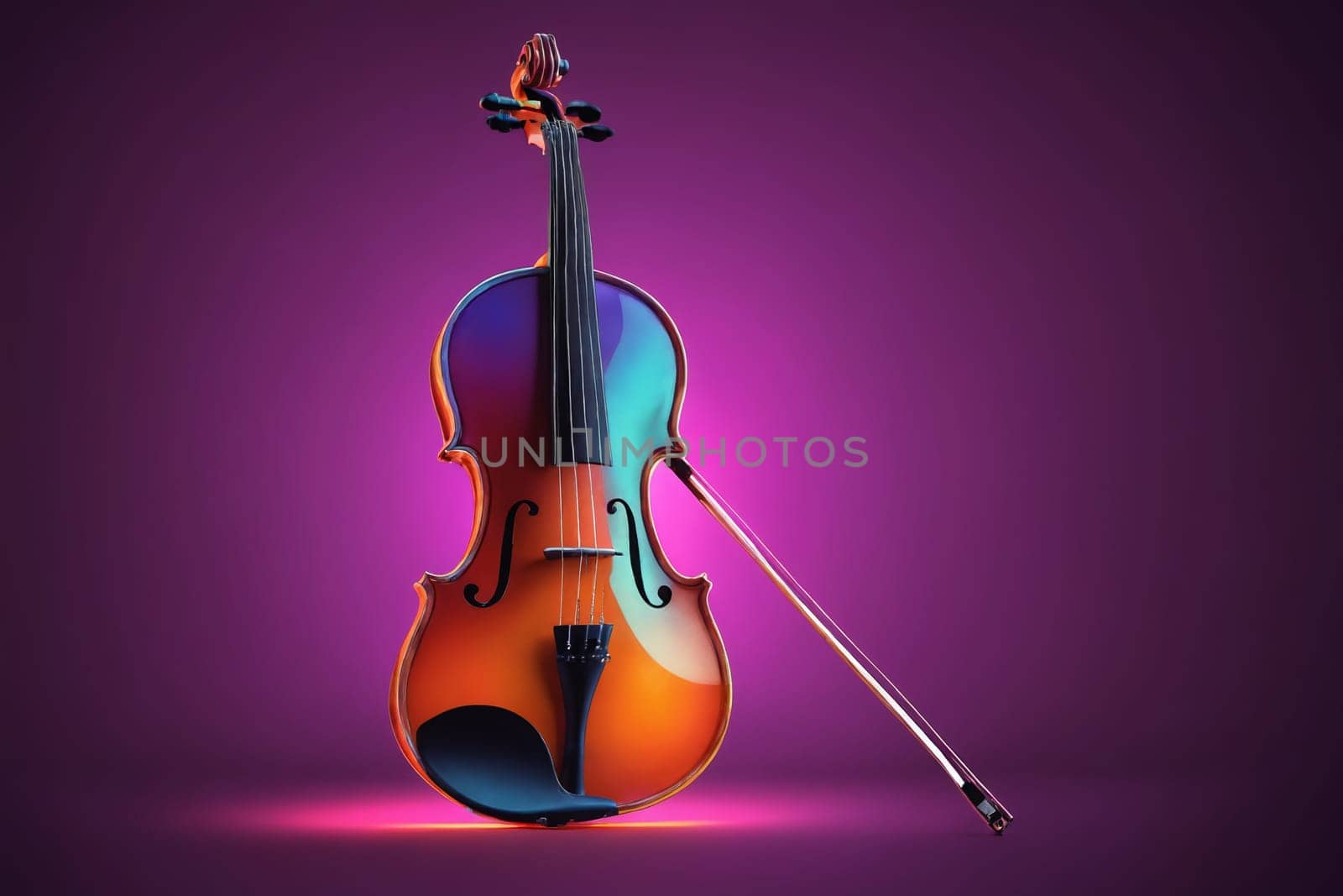 A violin and bow stand out in a mesmerizing violet aura, symbolizing the fusion of music and light.