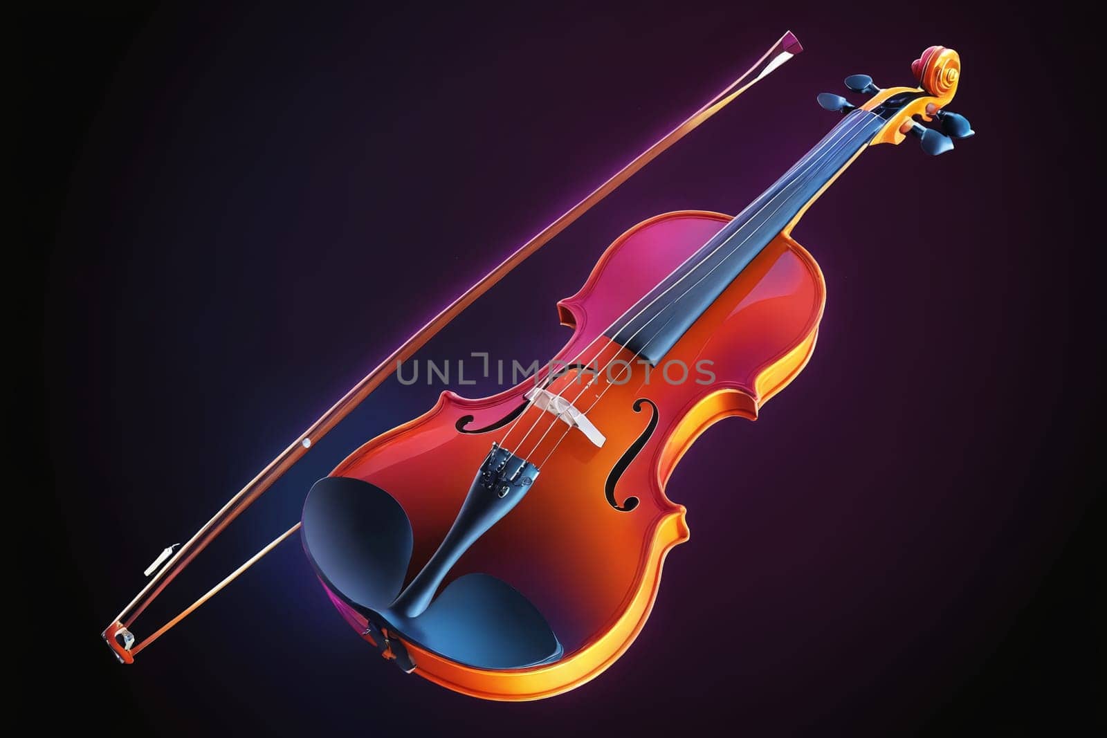 Striking close-up of a violin under a wash of neon purple light, creating a visually electric effect.