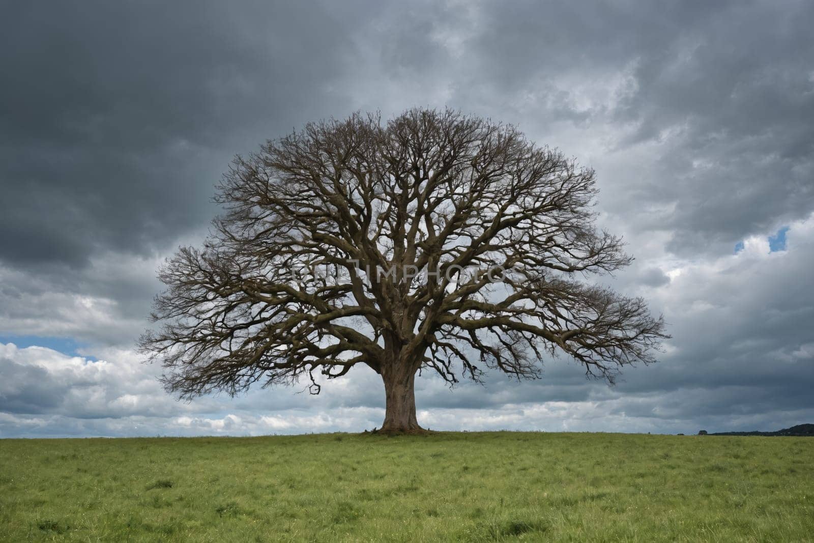 A single tree in a sea of grass prepares for a storm under ominous clouds in solitude.